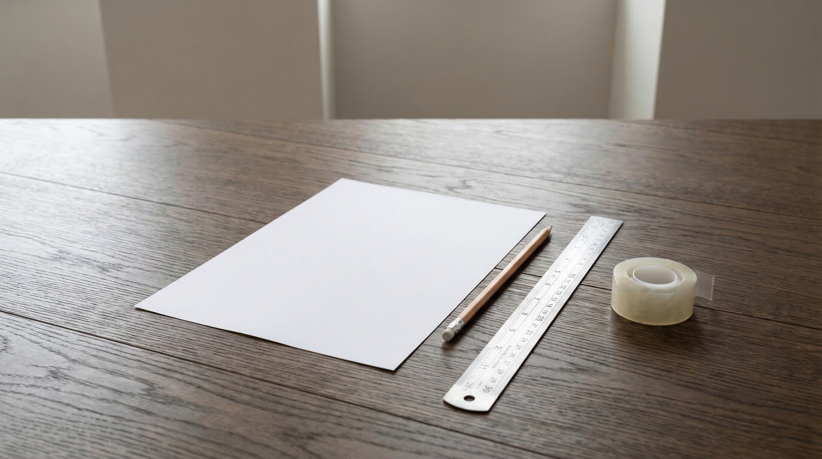 A collection of household tools for foot measurement including paper pencil a ruler and tape on a wooden desk