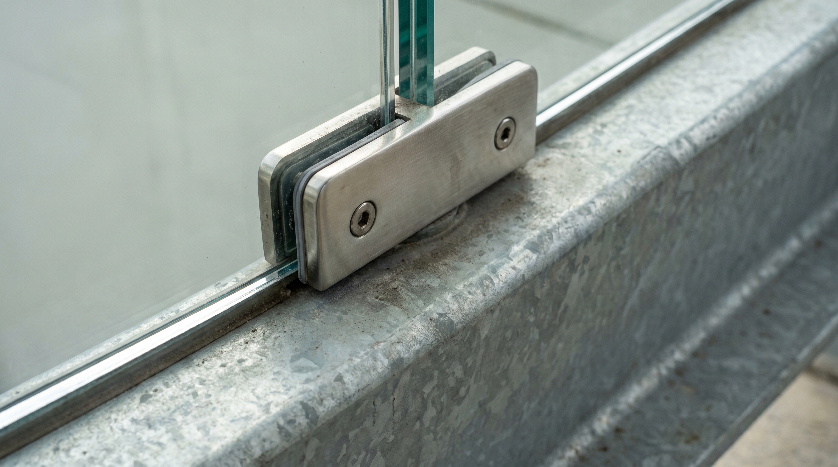 Close-up of a 12mm tempered glass panel on a galvanized steel frame.