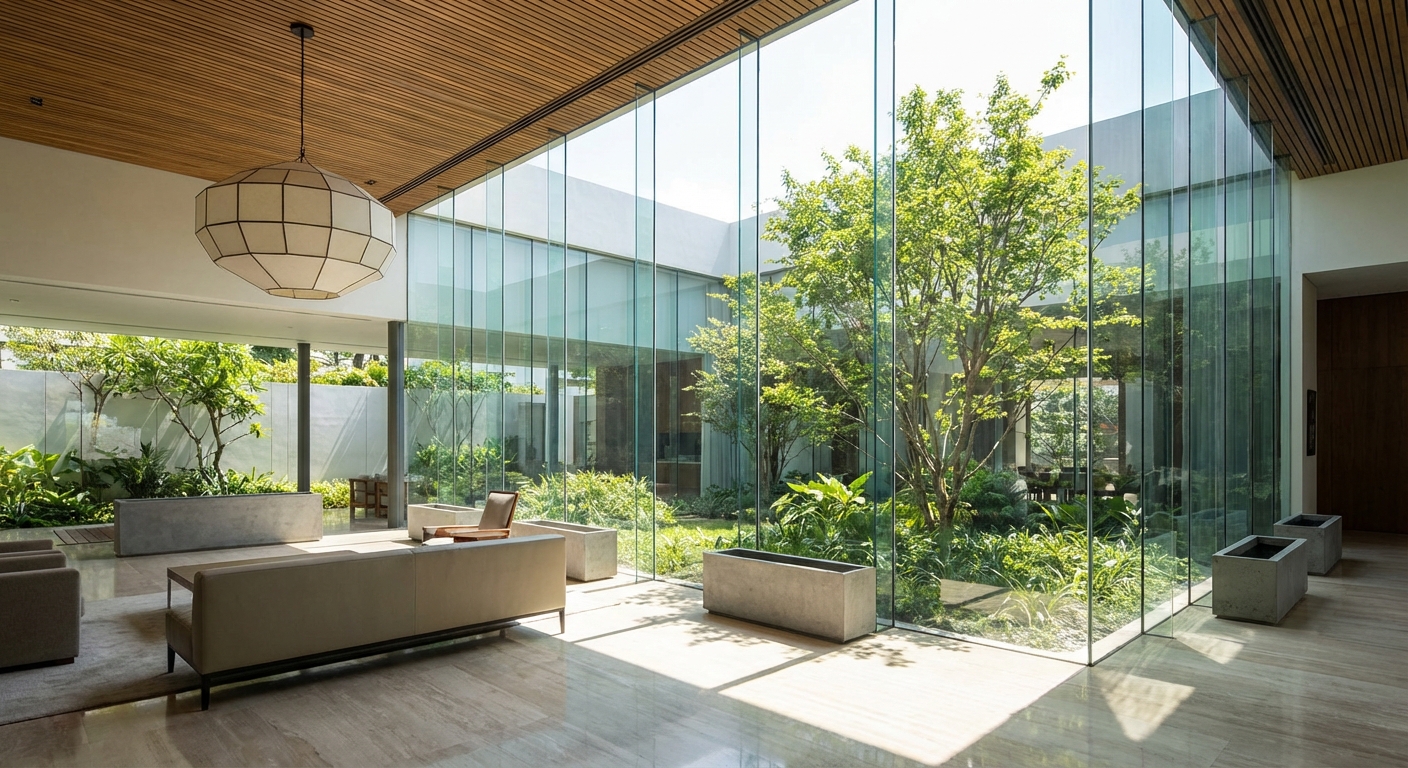 Photorealistic modern interior with a high-transparency glass partition that floods the space with natural daylight