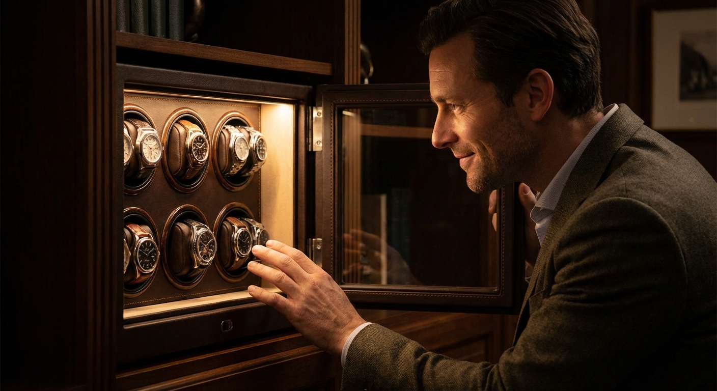 A collector admiring his watches through the glass of a winder safe