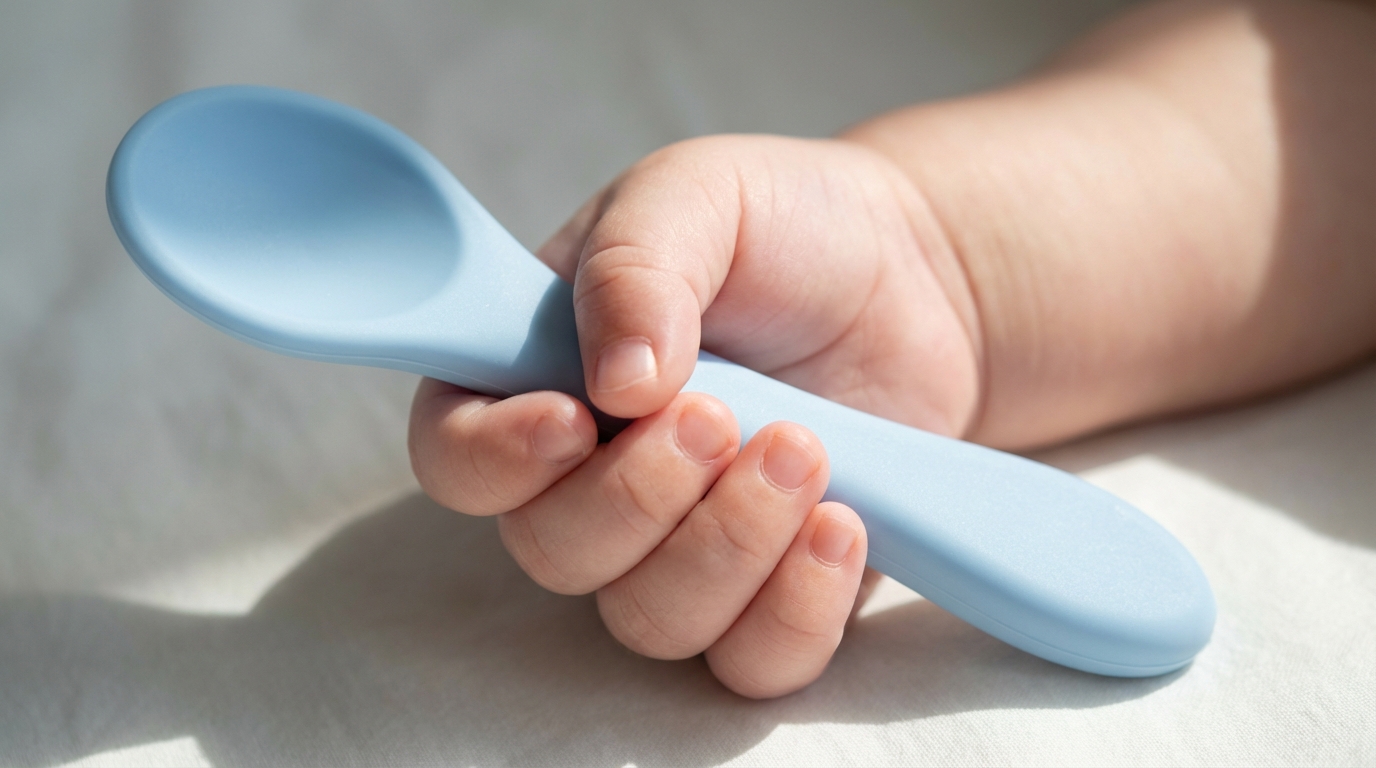 Baby's hand holding silicone spoon