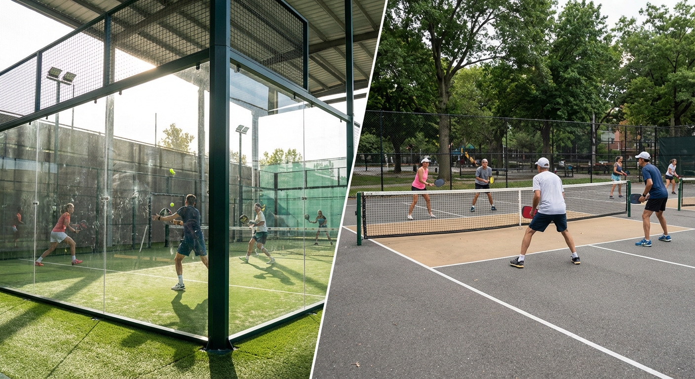 A photorealistic split-screen comparison of padel and pickleball.