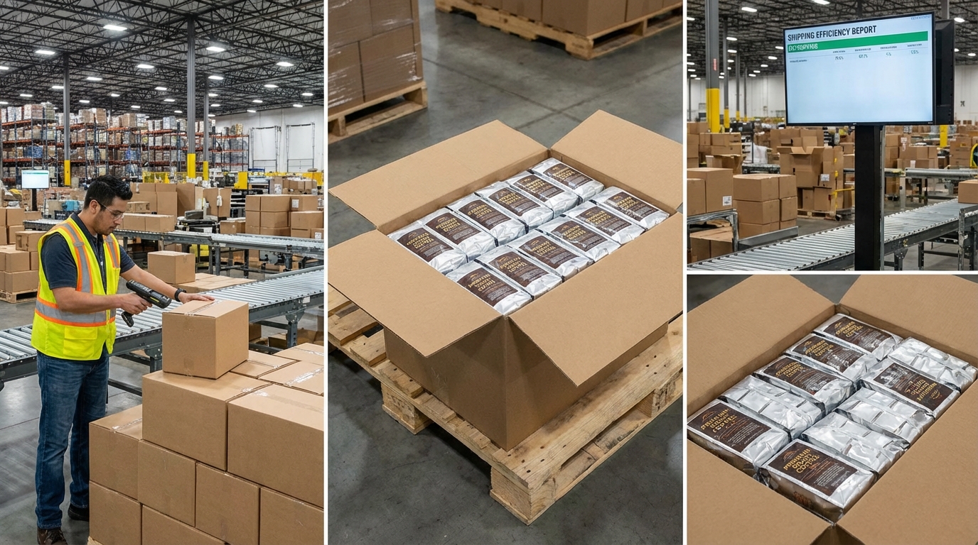 Modern warehouse with workers using tablets to monitor coffee shipping logistics and IoT machine data.