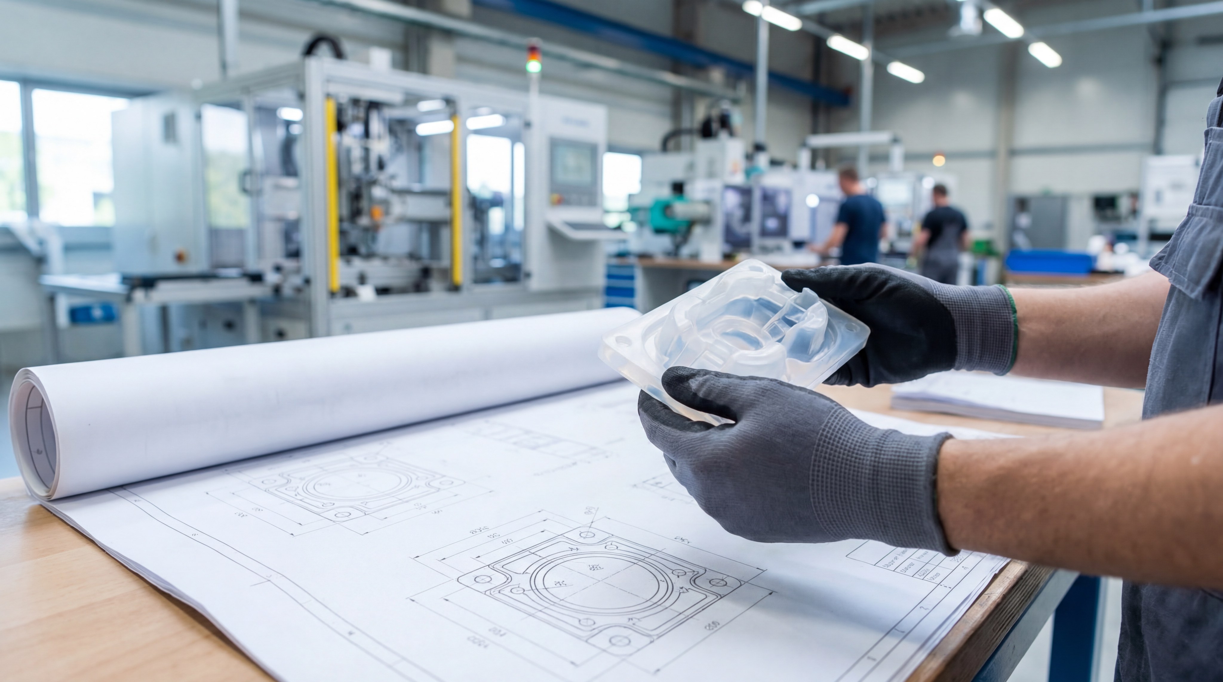 A professional engineer wearing protective gloves and a lab coat, carefully inspecting a translucent silicone component against a blueprint in a bright factory.