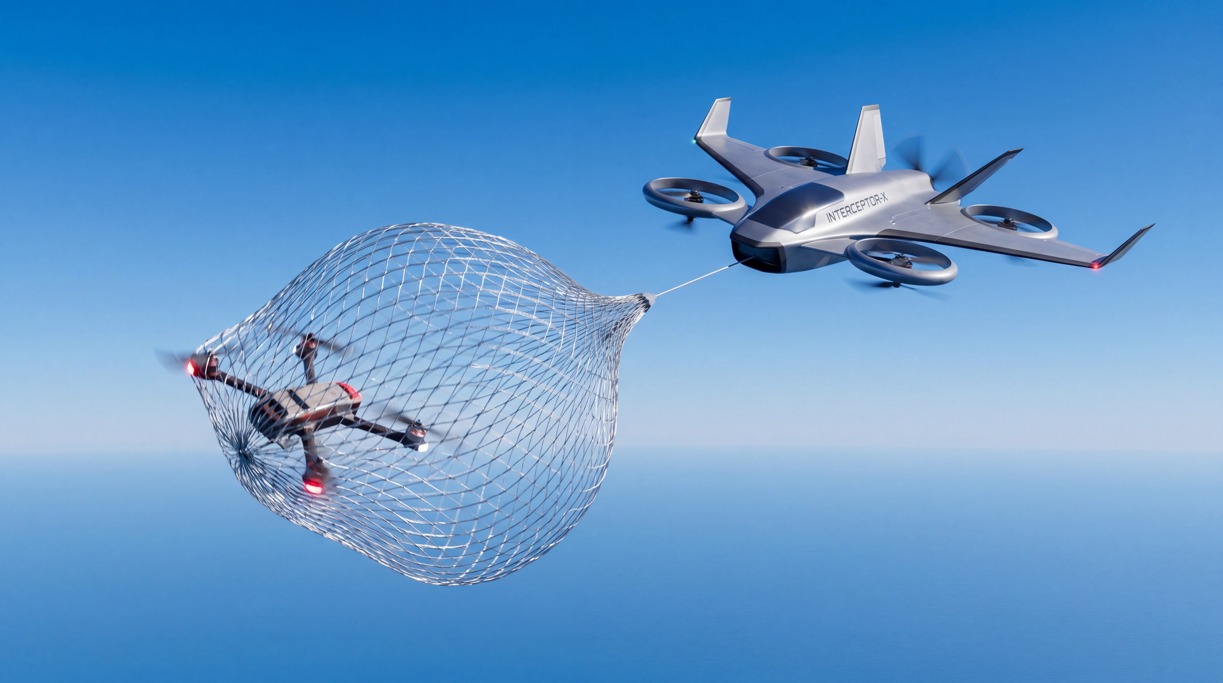 An advanced interceptor drone deploying a large capture net to entangle a target mid-air against a clear blue sky