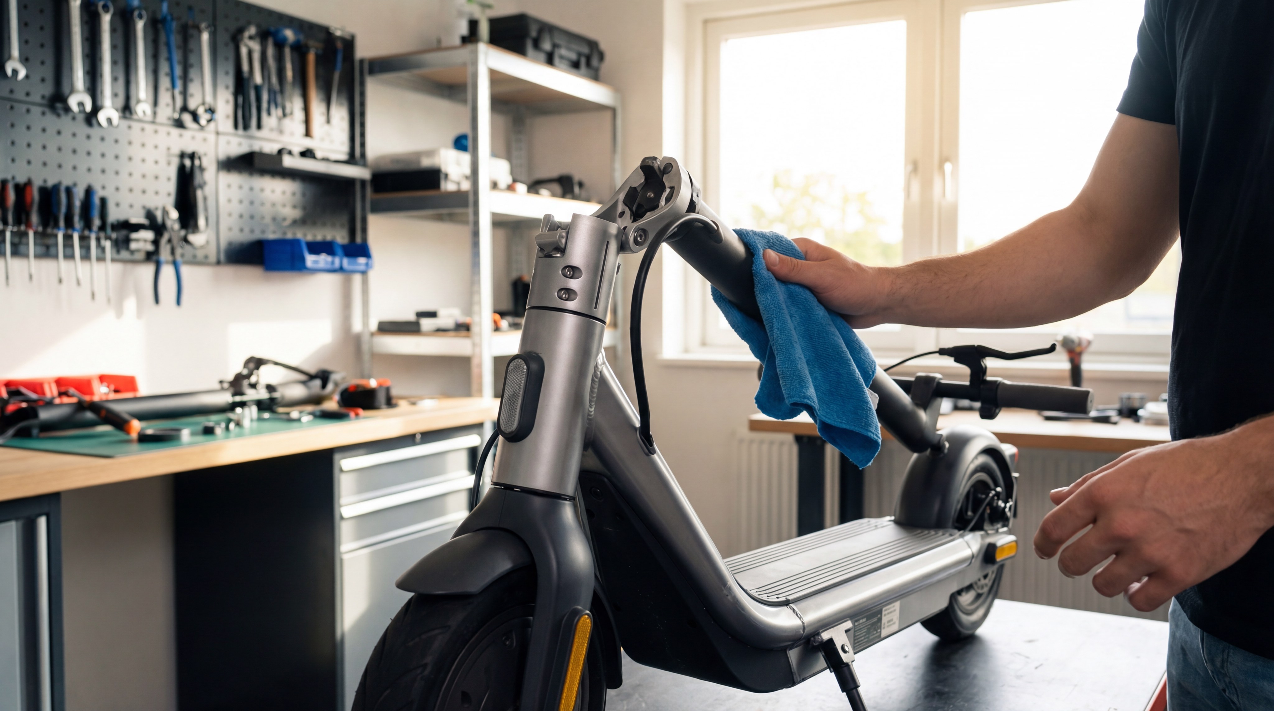A person using a microfiber cloth to clean the stem and handlebars of an electric scooter in a clean, well-lit workshop environment.