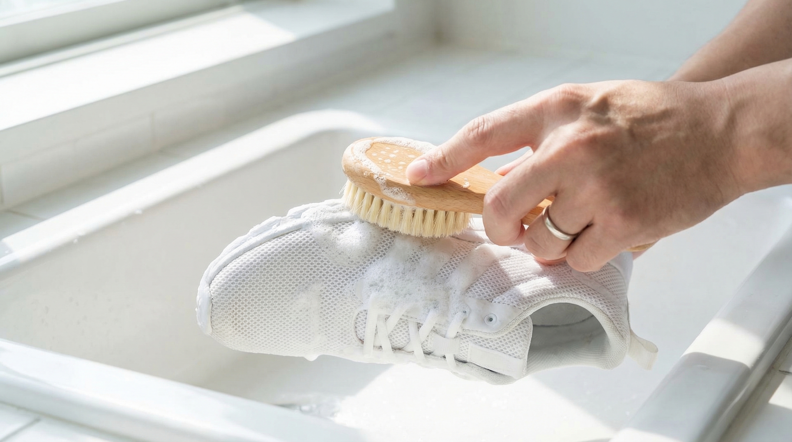 Gentle hand scrubbing of white mesh sneakers