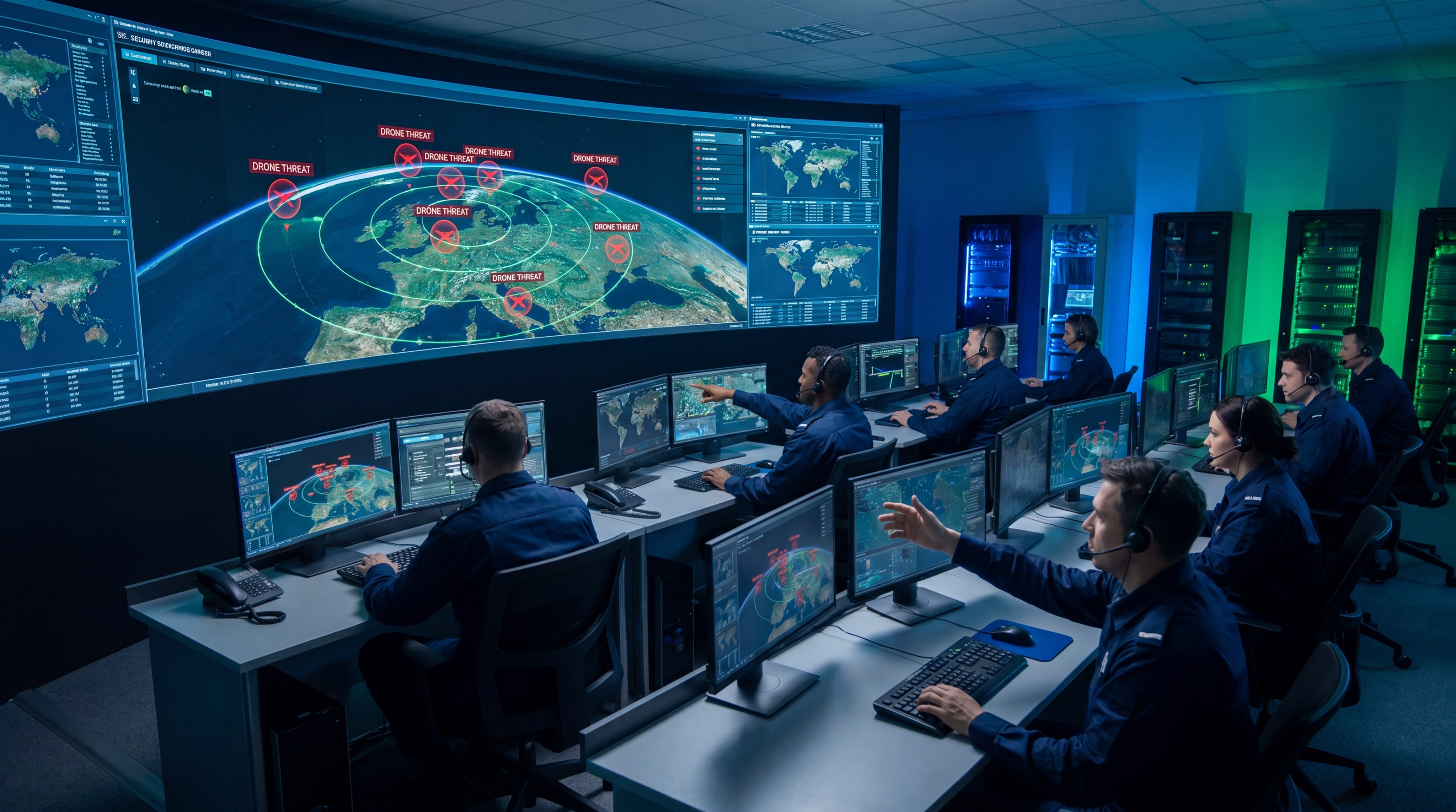 Security command center with a large screen displaying drone monitoring data