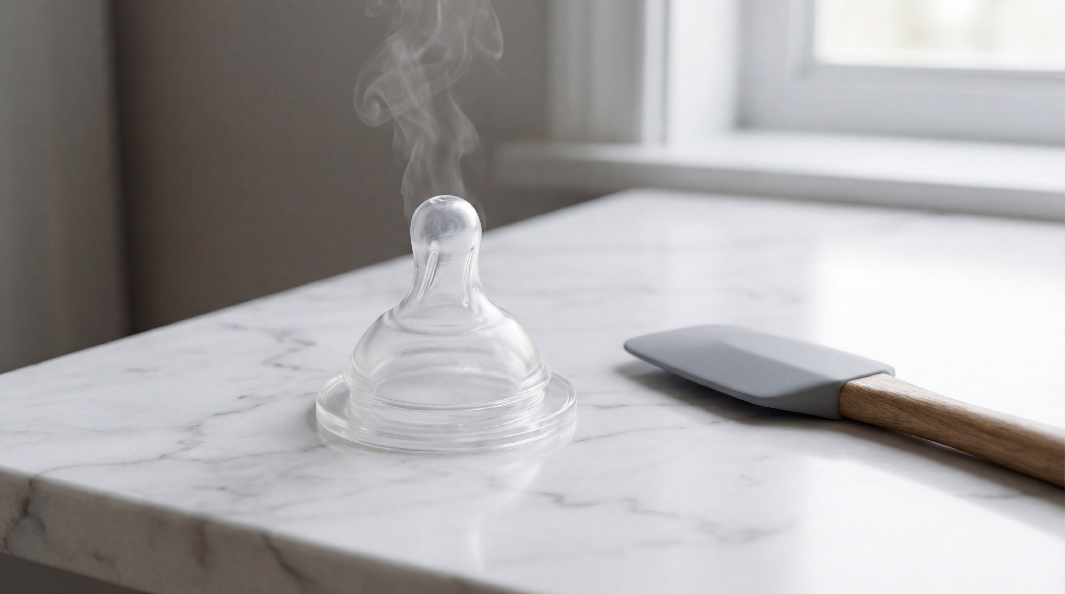 Alt Text: Steaming baby bottle nipple on a marble countertop