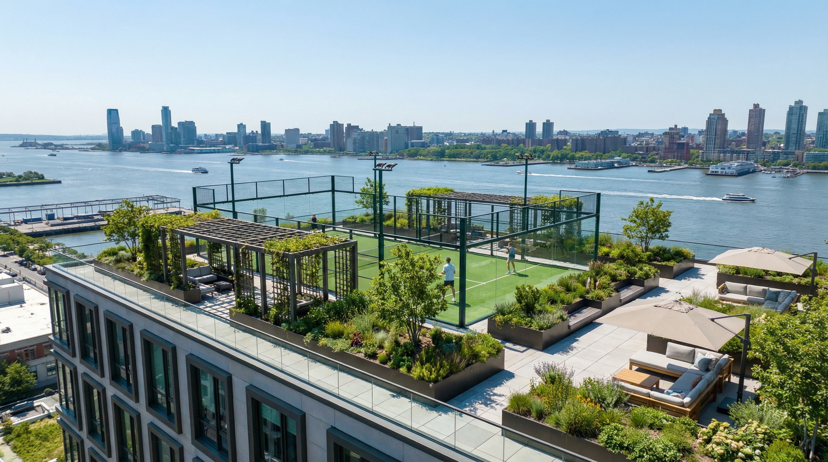 Aerial view of a rooftop padel court in NYC overlooking the river