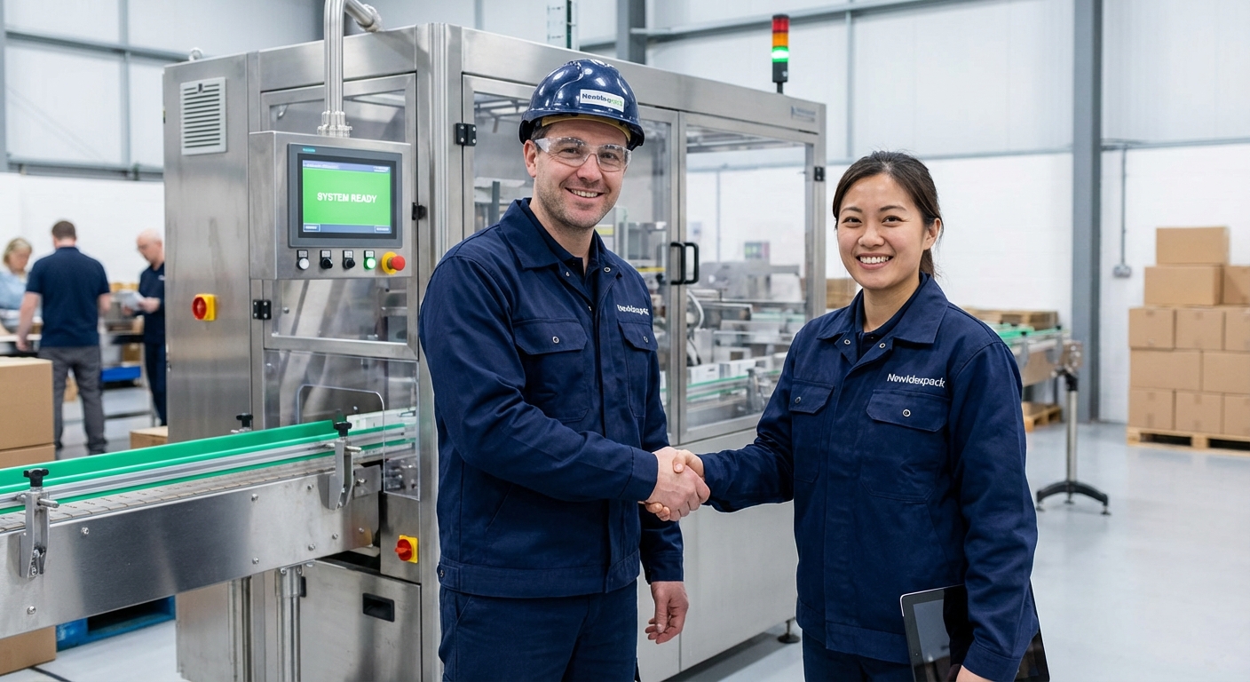 Newideapack engineers shaking hands in front of an automatic cartoning machine, symbolizing a successful partnership.