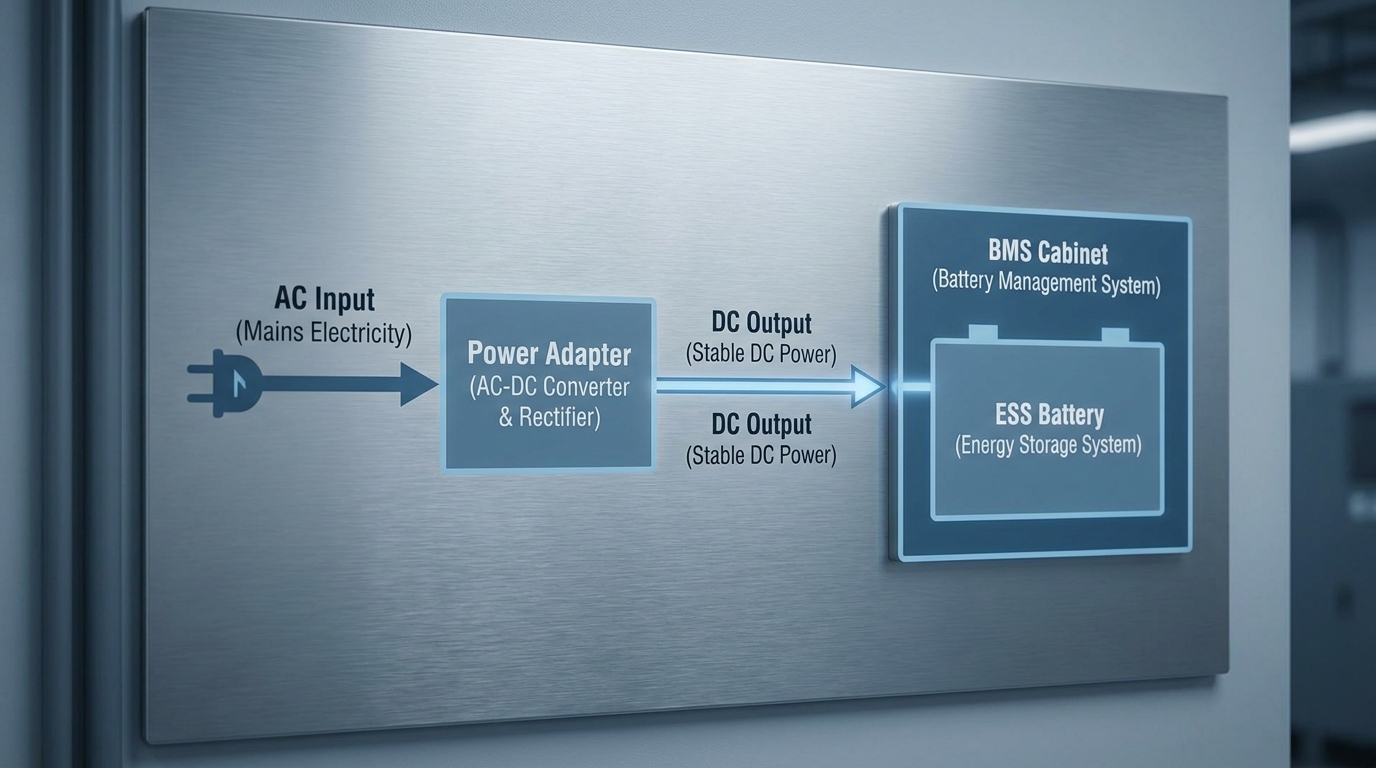 Schematic diagram of AC to DC power adapter routing energy to ESS battery management system