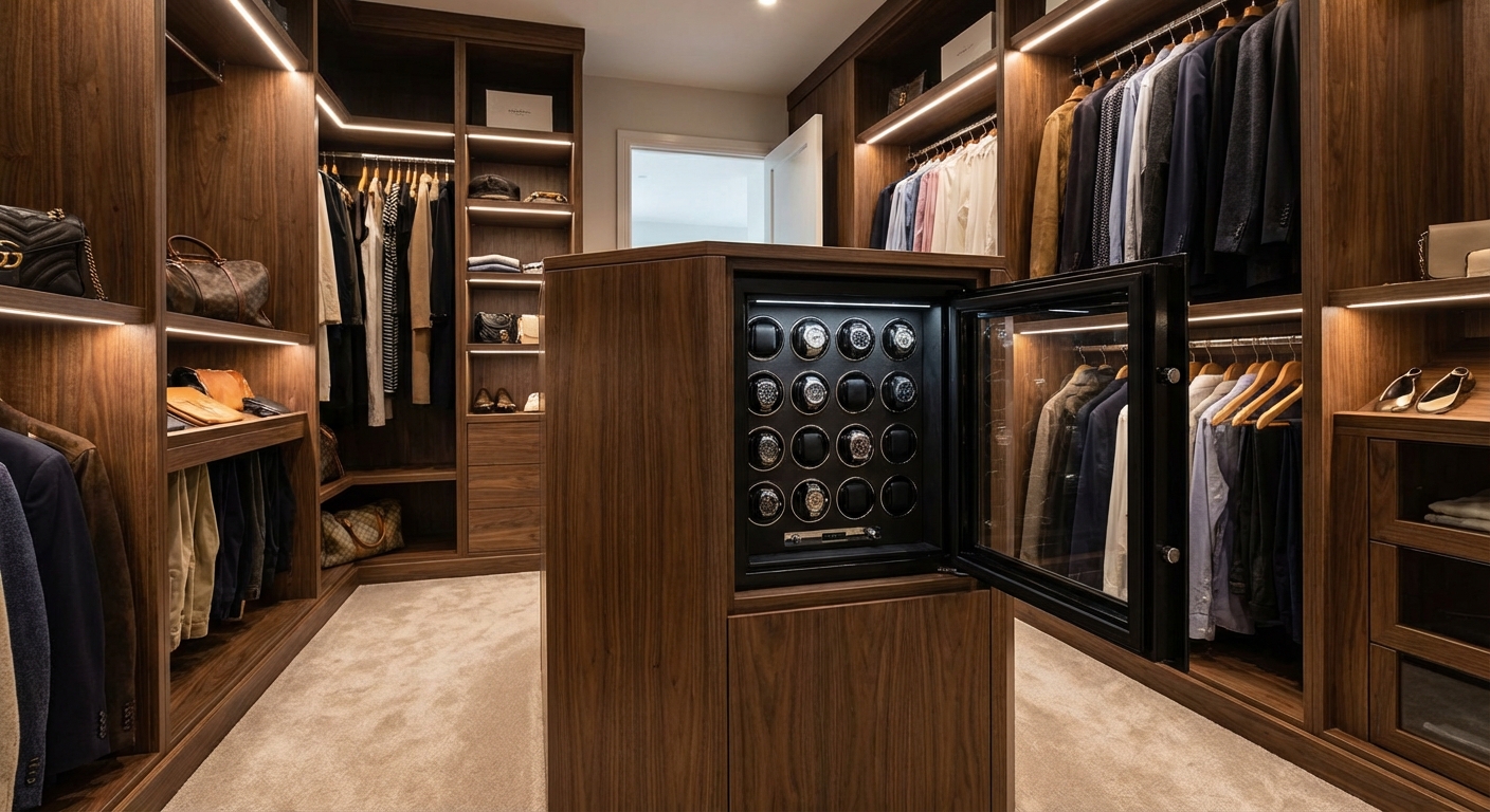 A luxury watch winder safe integrated seamlessly into a high-end walk-in closet