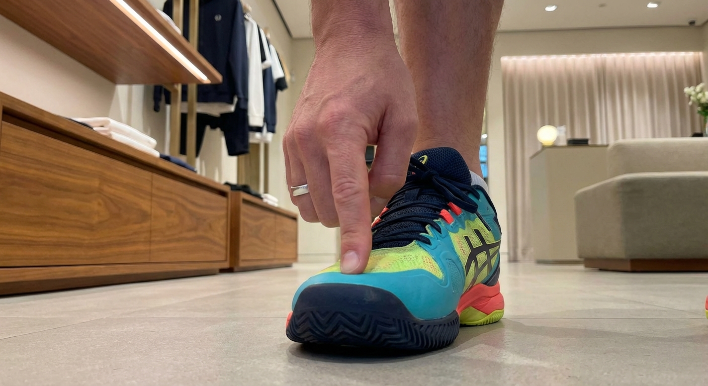 A guide showing how a padel shoe should fit on the foot, with emphasis on the toe and heel gap.