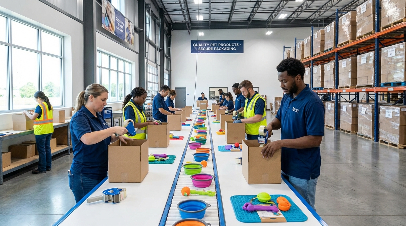 Logistics team in a clean, modern warehouse efficiently packing silicone pet products into branded boxes for export