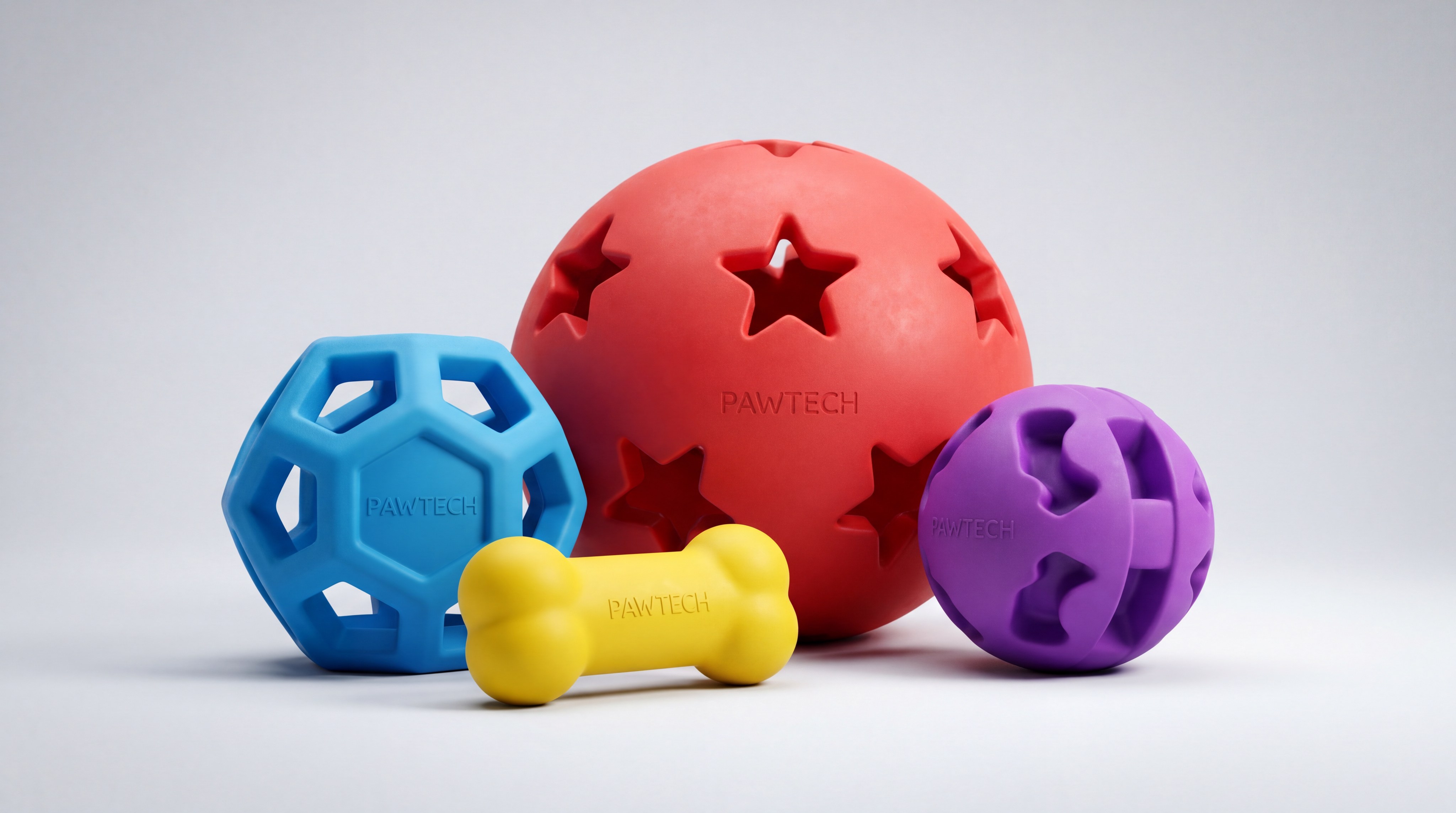 A collection of various custom-molded silicone pet toys in red, blue, purple, and yellow