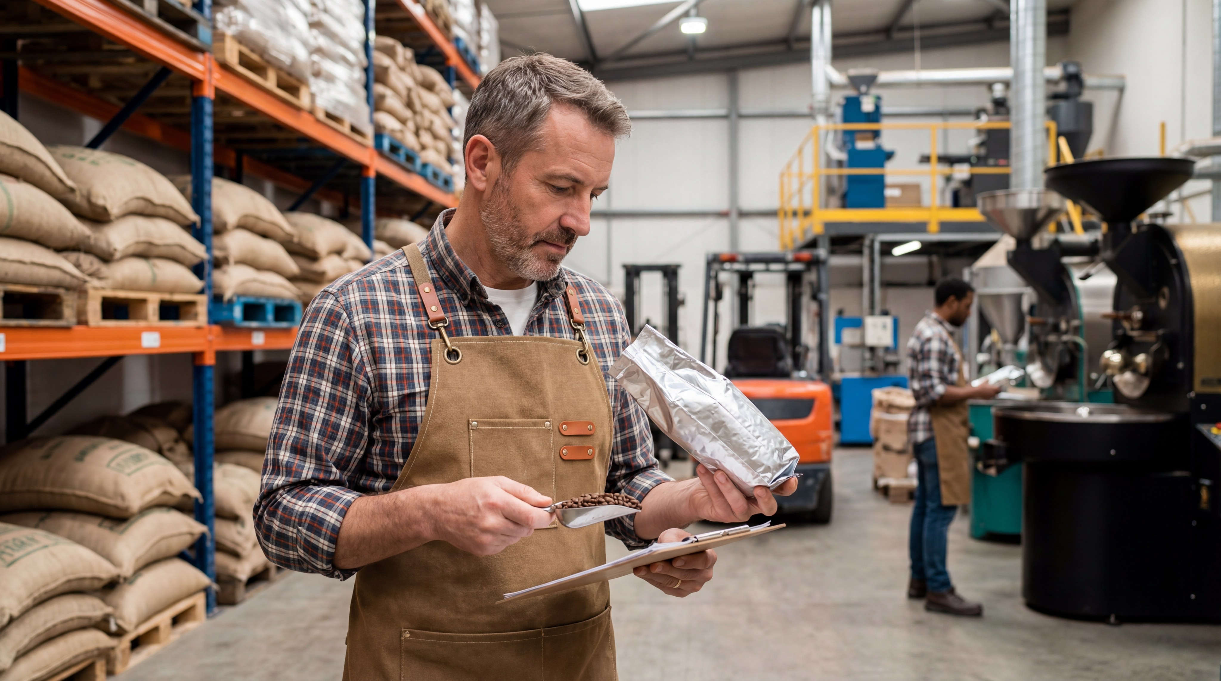 Professional Coffee Roaster Inspecting Packaged Coffee Quality