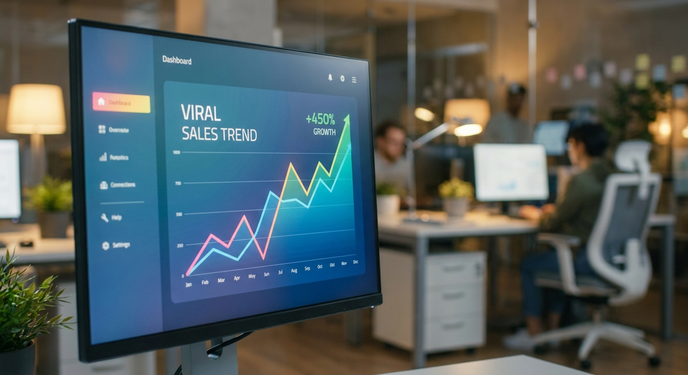 A computer screen showing viral sales trend lines scaling upwards on a dashboard in a tech focused office space