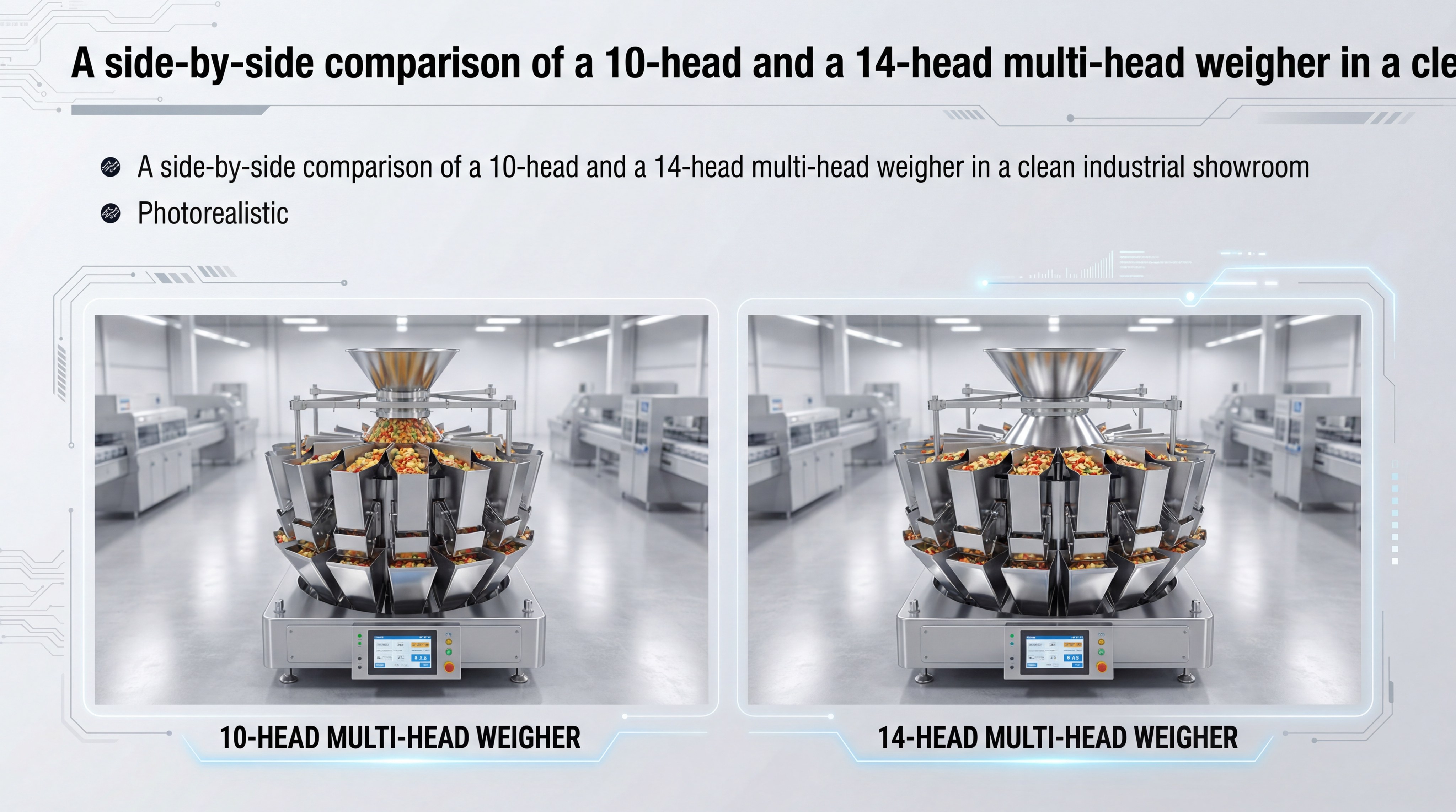 A side-by-side comparison of a 10-head and a 14-head multi-head weigher in a clean industrial showroom