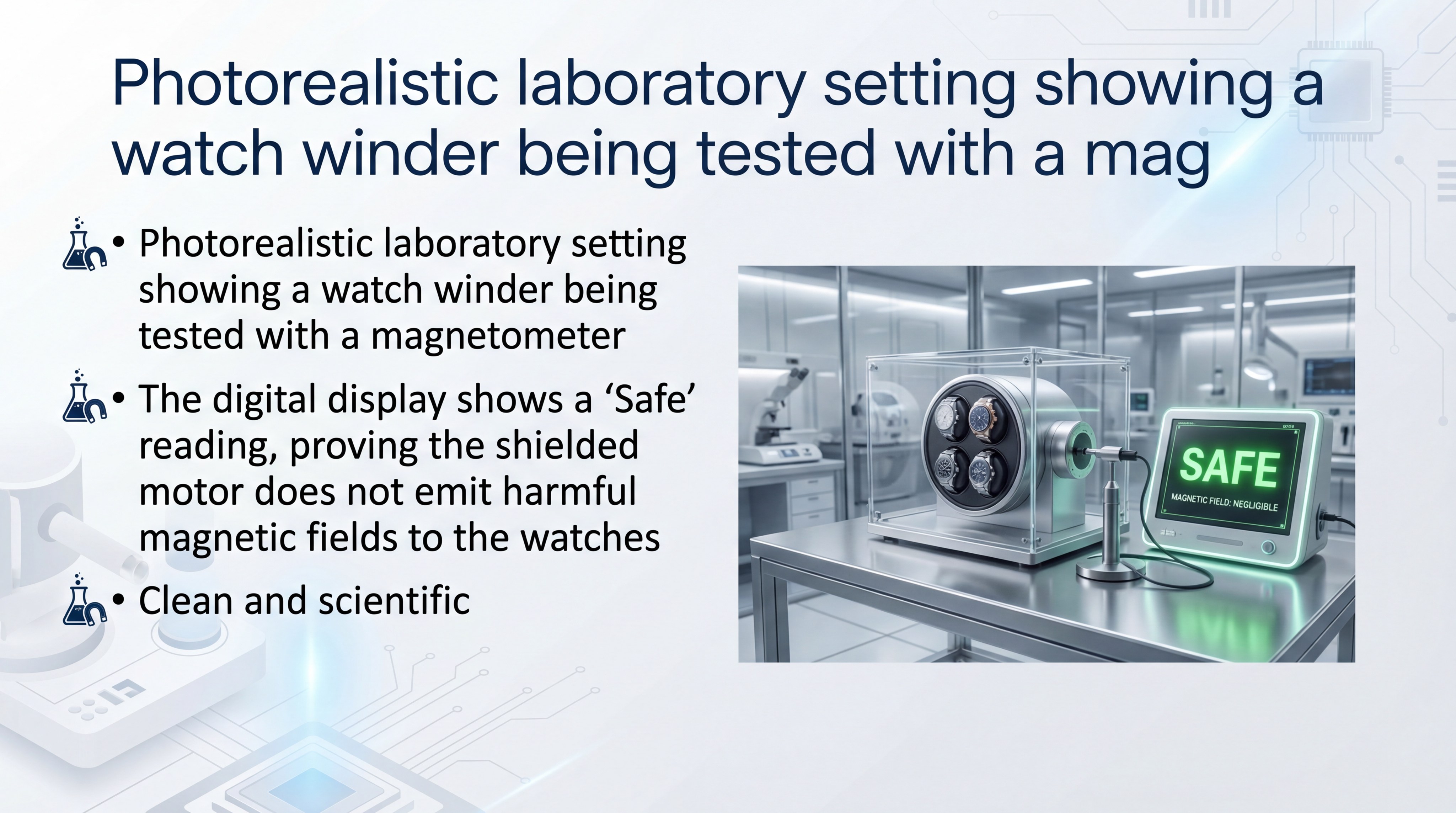 watch winder being tested with a magnetometer in a laboratory setting