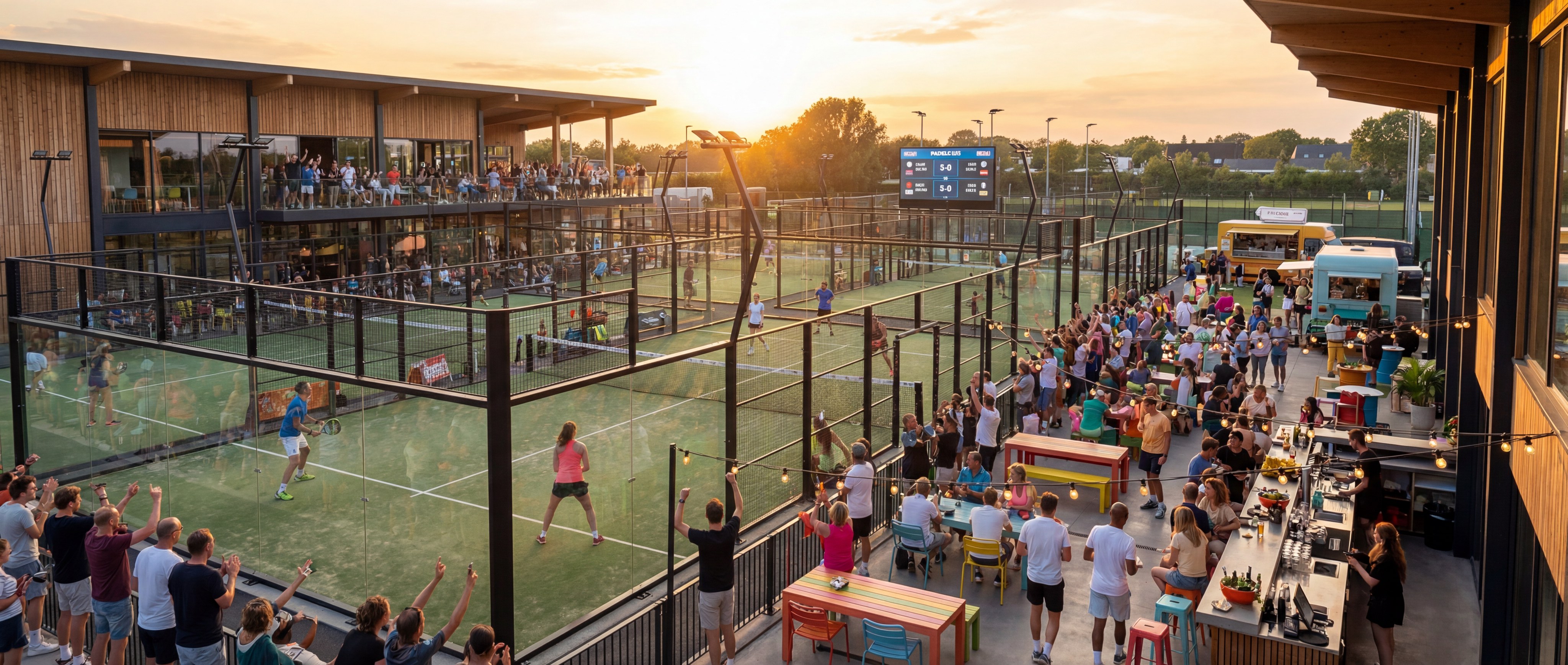 A vibrant padel club at sunset with players engaging in a rally.