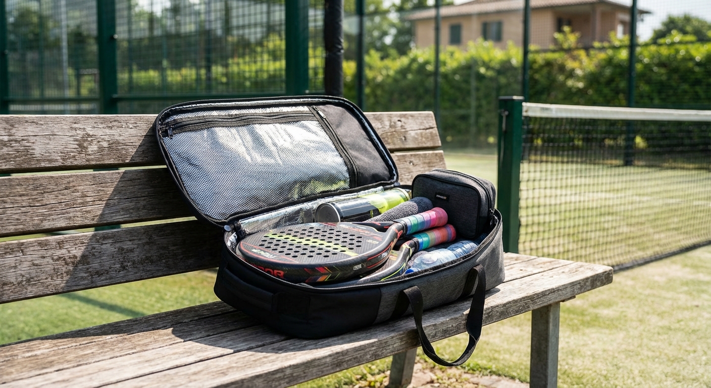 A professional thermal padel bag on a court bench, with rackets visible in heat-protected compartments.