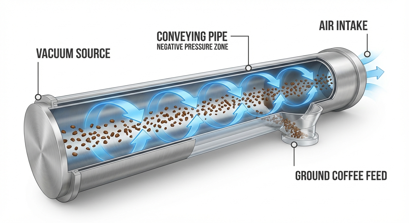 Internal airflow diagram of a vacuum powder feeder for coffee grounds.
