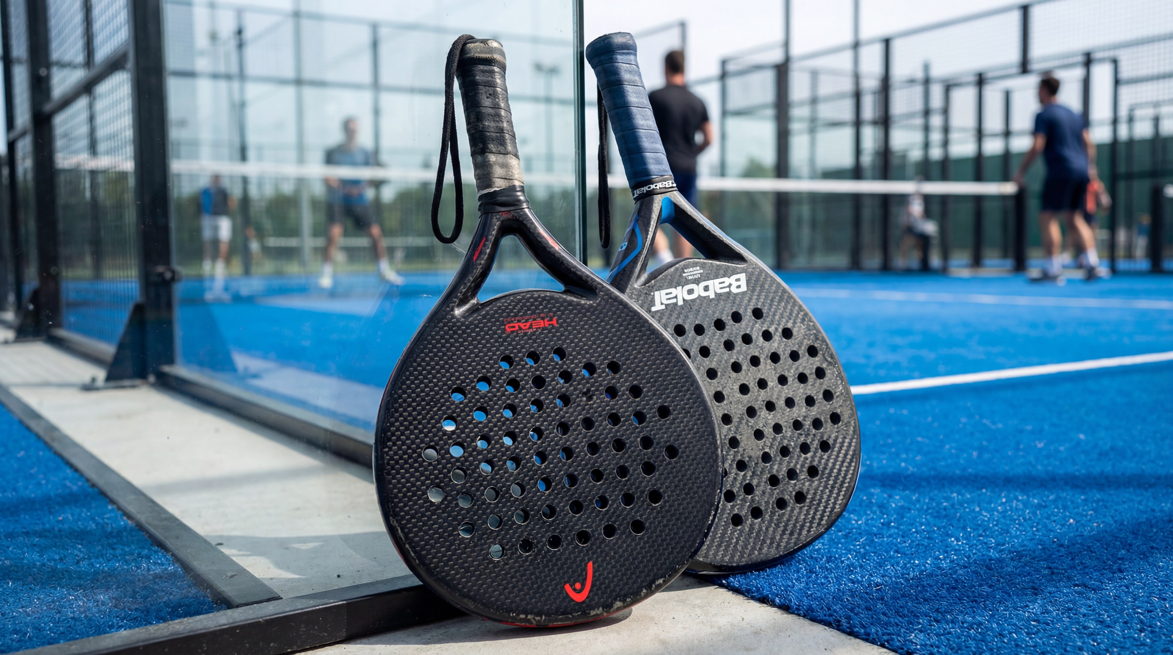 padel rackets leaning against glass