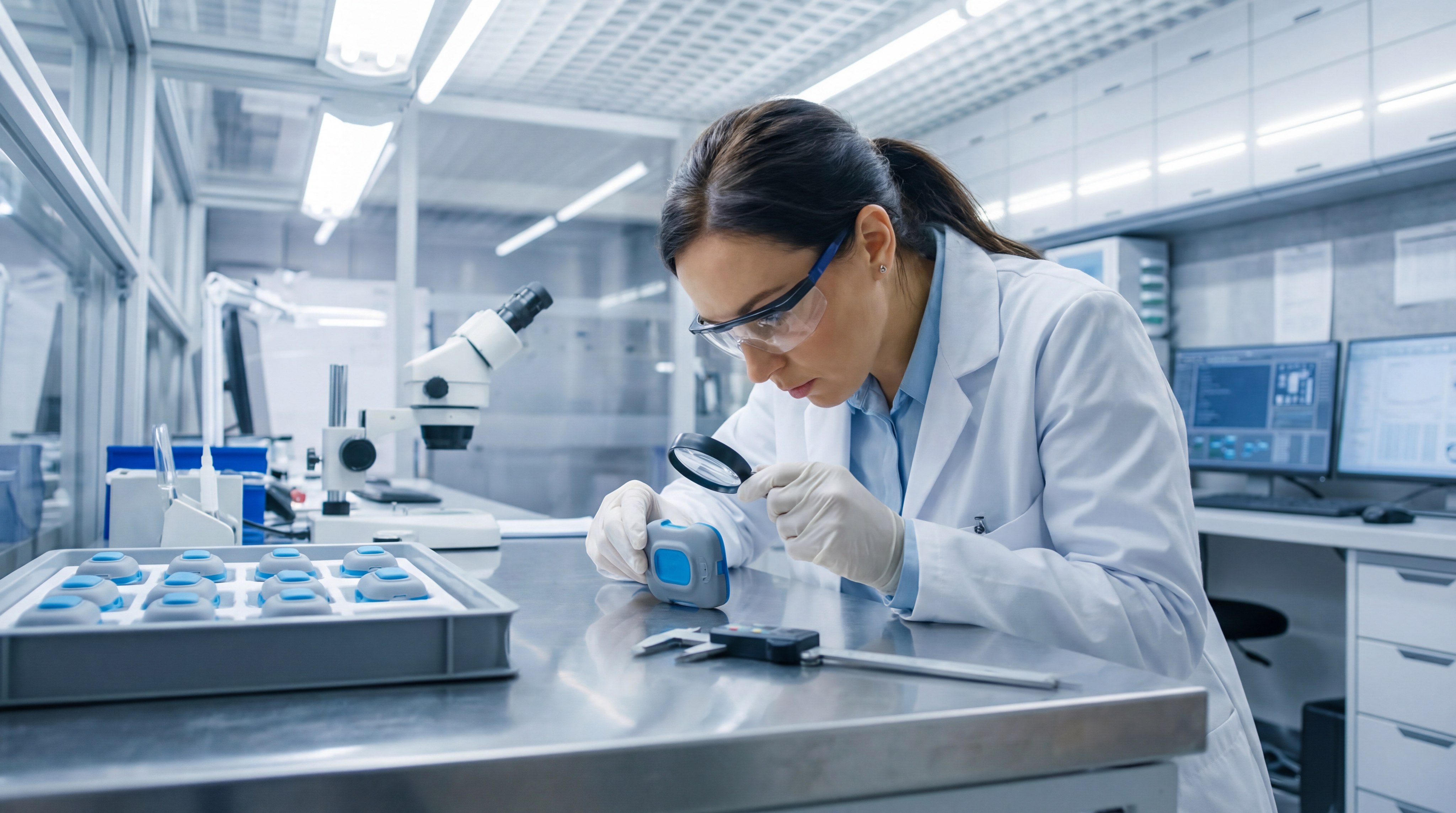 A quality control professional using a magnifying glass and calipers to inspect over-molded silicone parts in a laboratory.