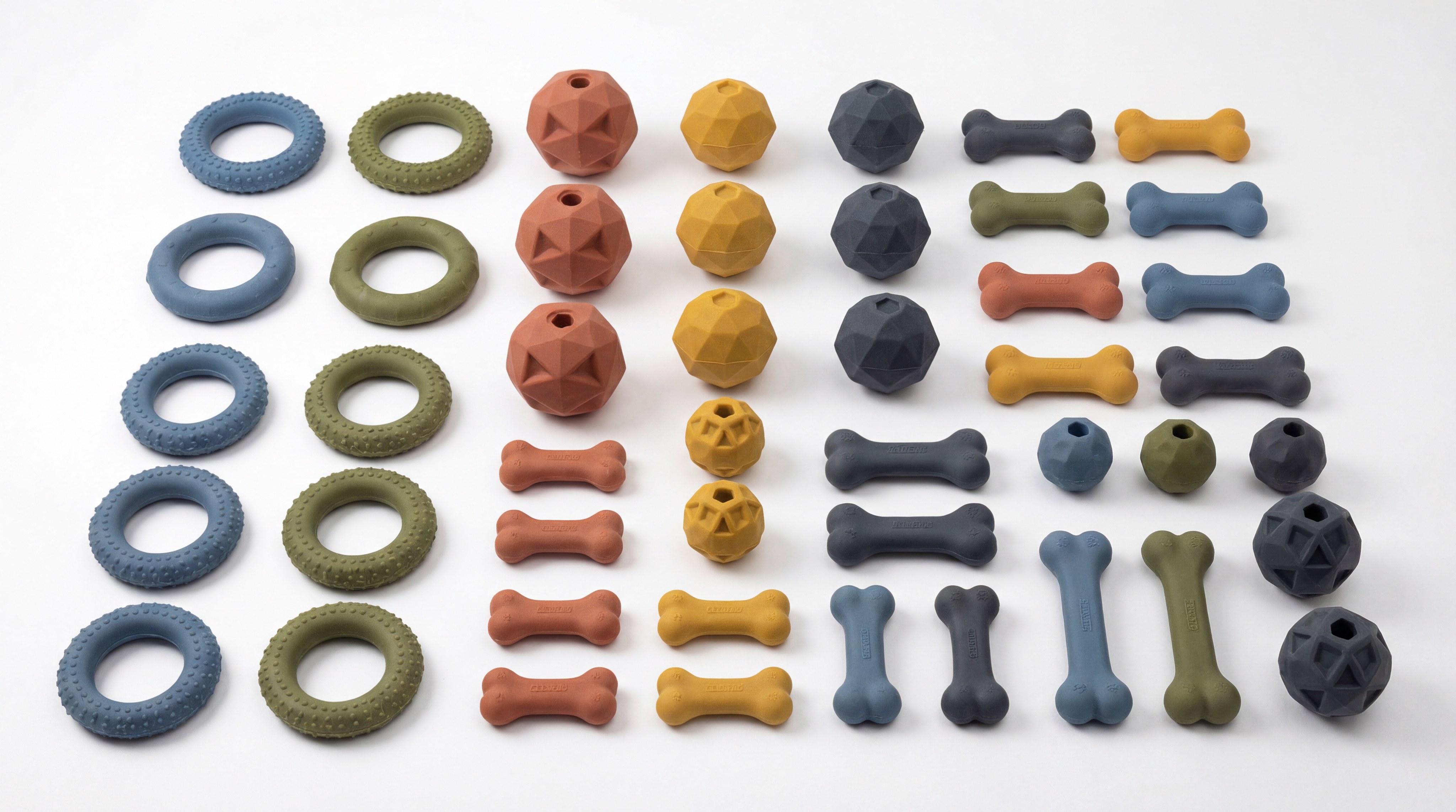 Comprehensive collection of silicone pet toys in various geometric shapes and earthy tones