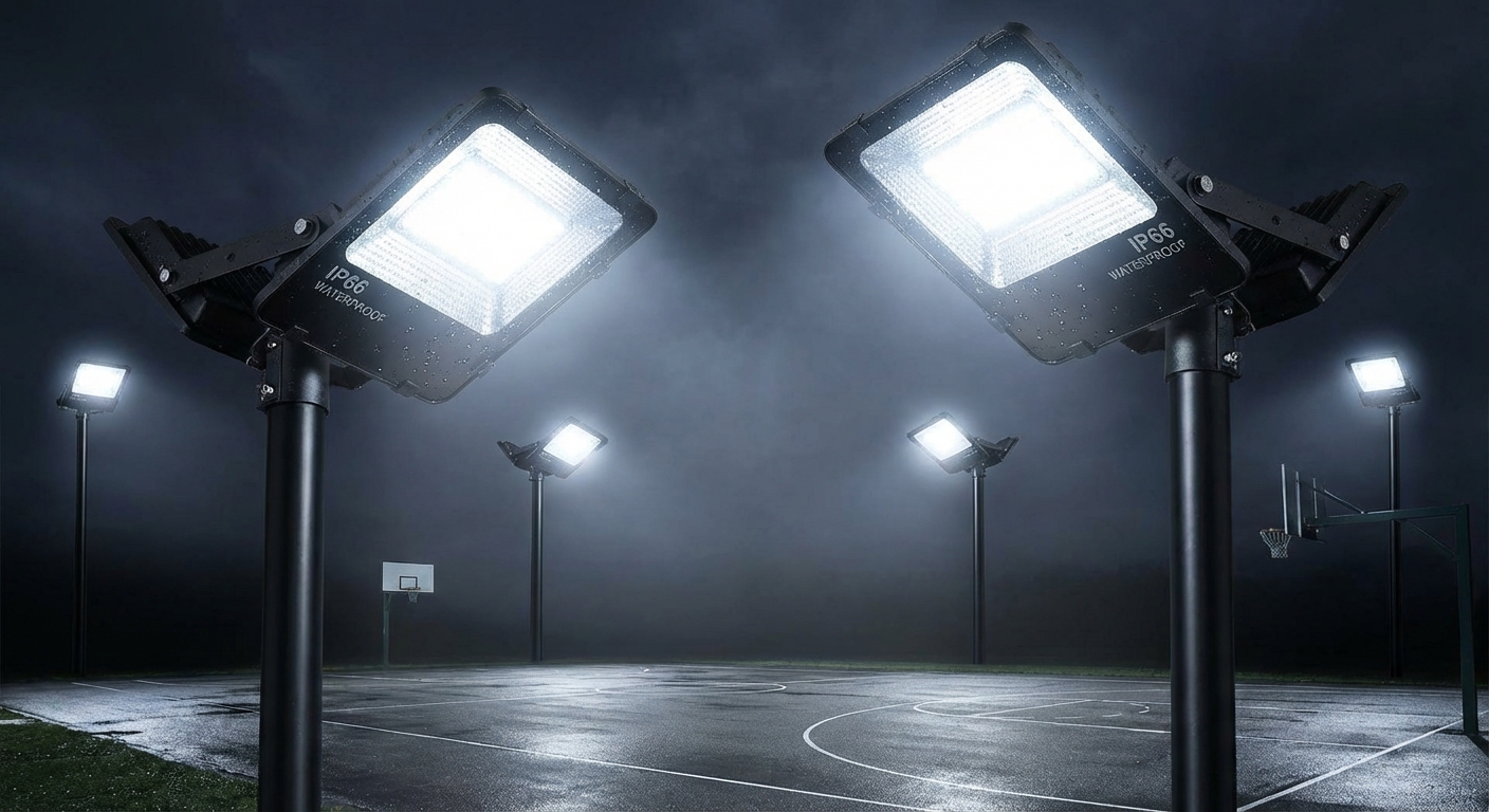 IP66 waterproof LED floodlights illuminating a sports court