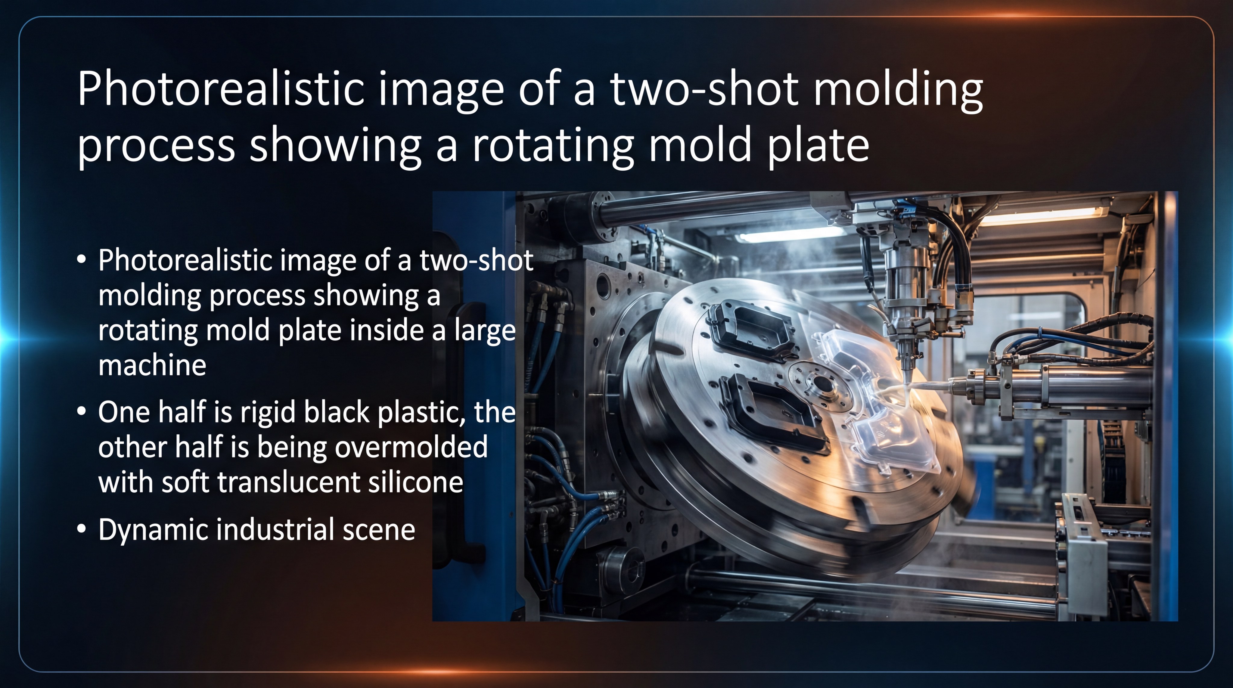 A photorealistic image of a two-shot molding process showing a rotating mold plate inside a large machine.