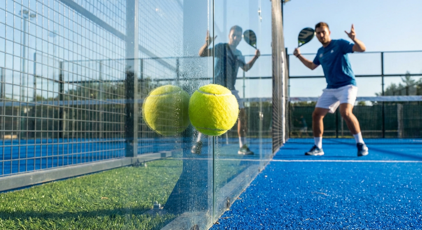 A ball reflecting off a pristine, 12mm tempered glass wall with the reflection of the opposing player visible in the glass.