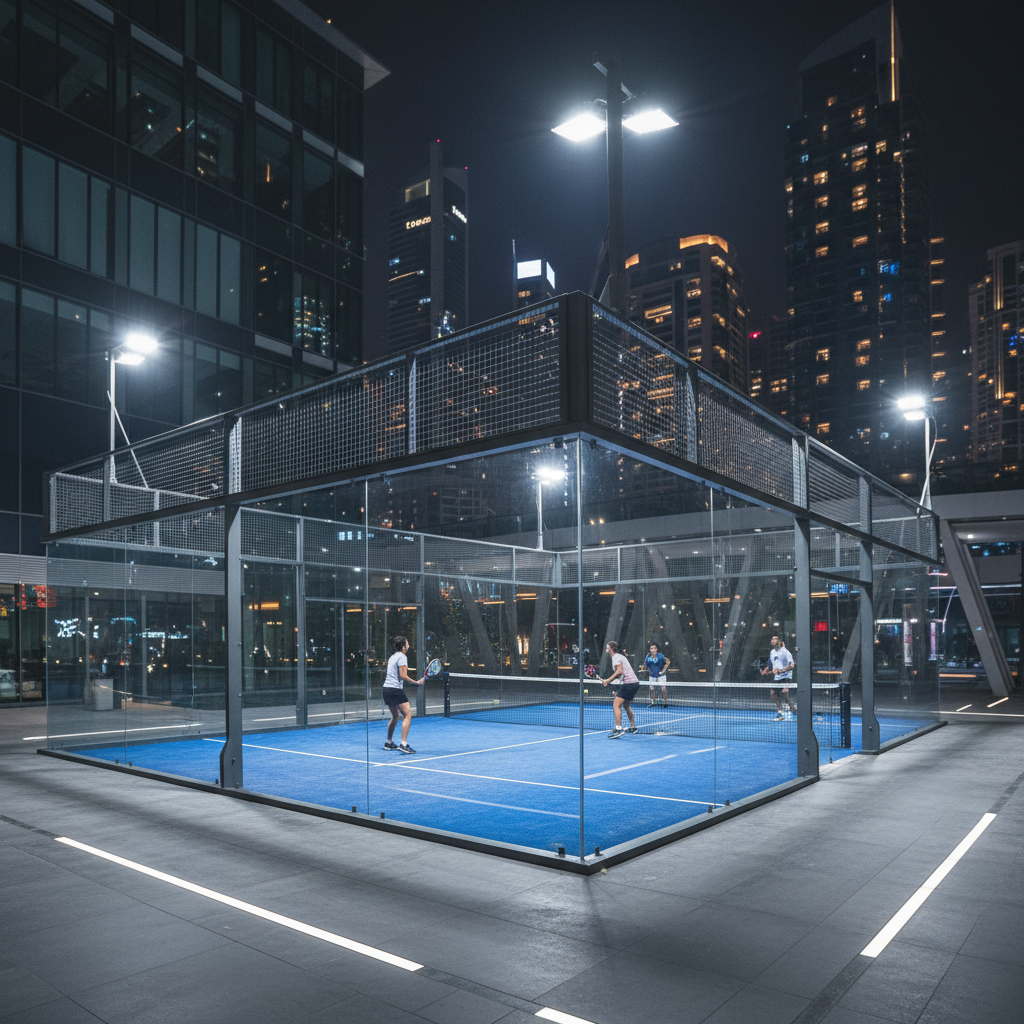 Wide shot of a completed padel x facility in a modern city center with sleek architecture and lighting
