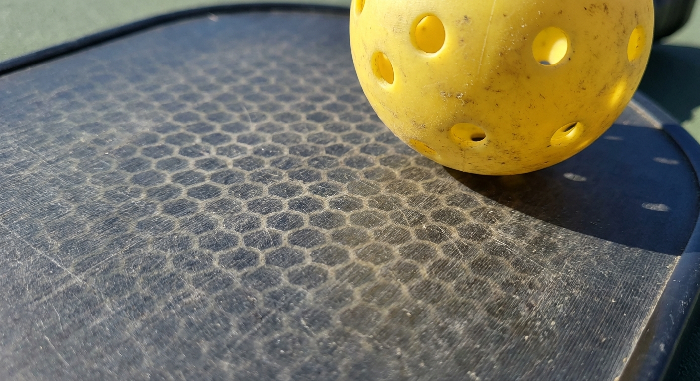 Close-up of a graphite pickleball paddle on a court