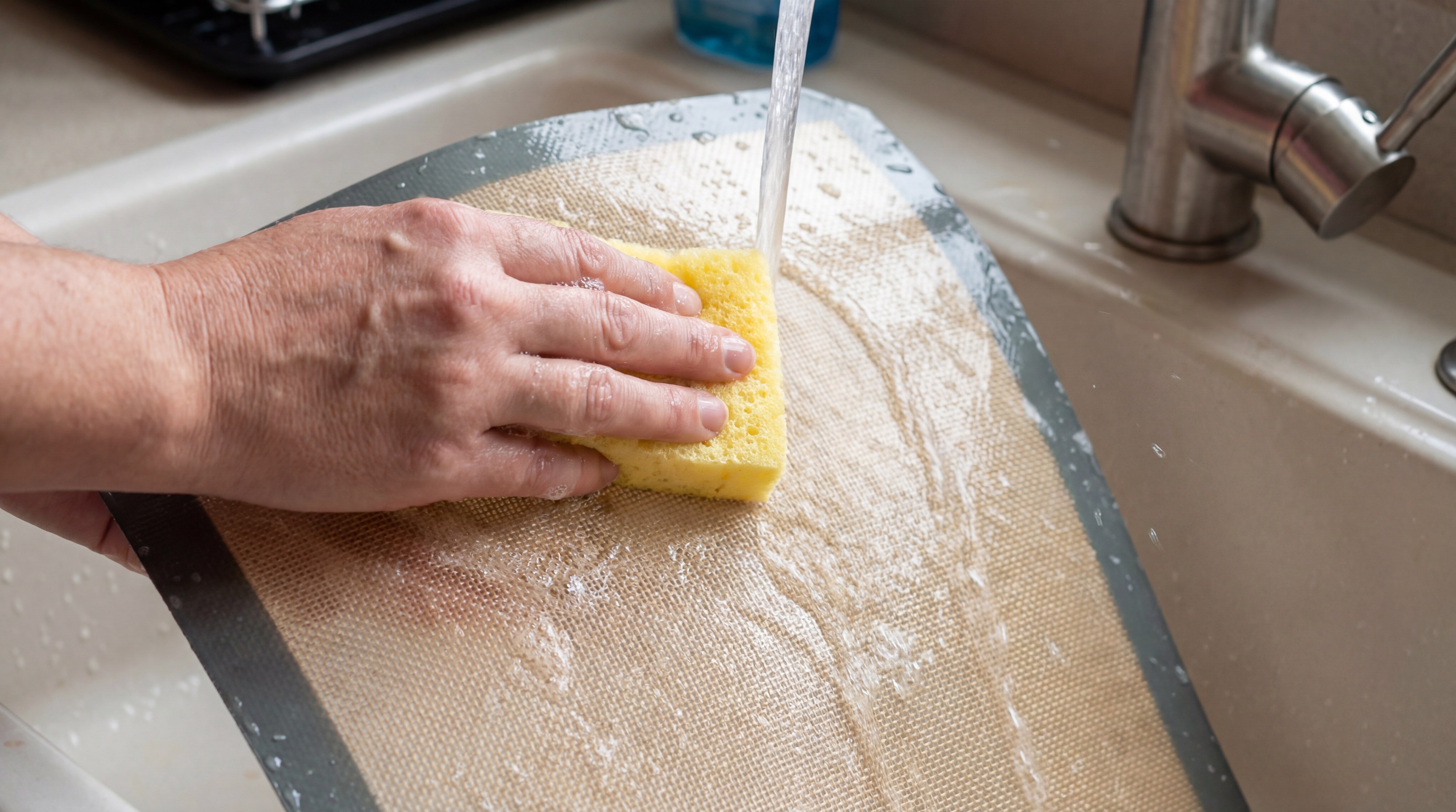Alt Text: Close-up of a hand using a soft sponge to clean a silicone mat