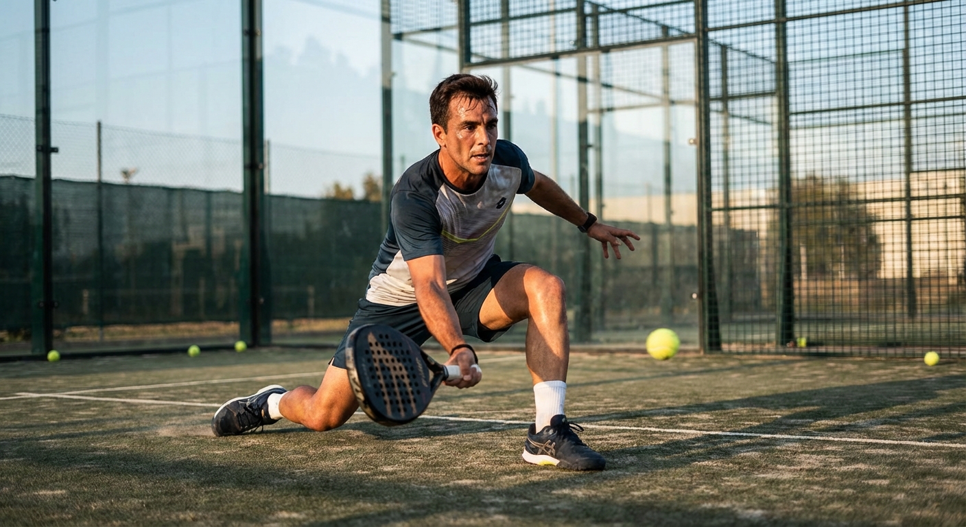 Padel player performing footwork drills on the turf