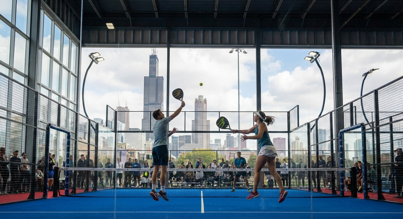 padel match chicago skyline