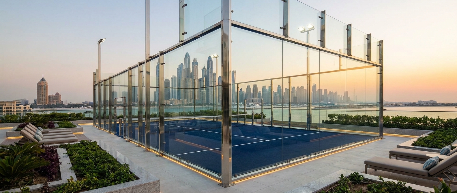 A photorealistic 3D visualization of a premium panoramic padel court with seamless glass walls and professional LED lighting at twilight