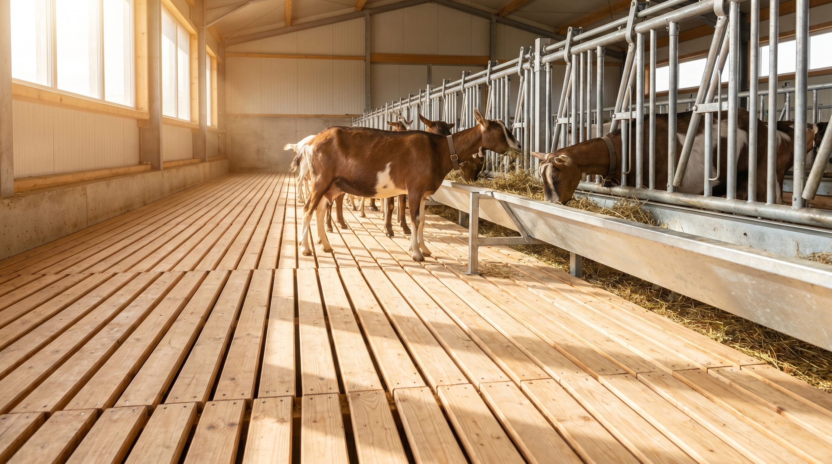 "Sunlit barn interior with goats eating from a long metal trough, wooden slatted floor, and spacious aisles."