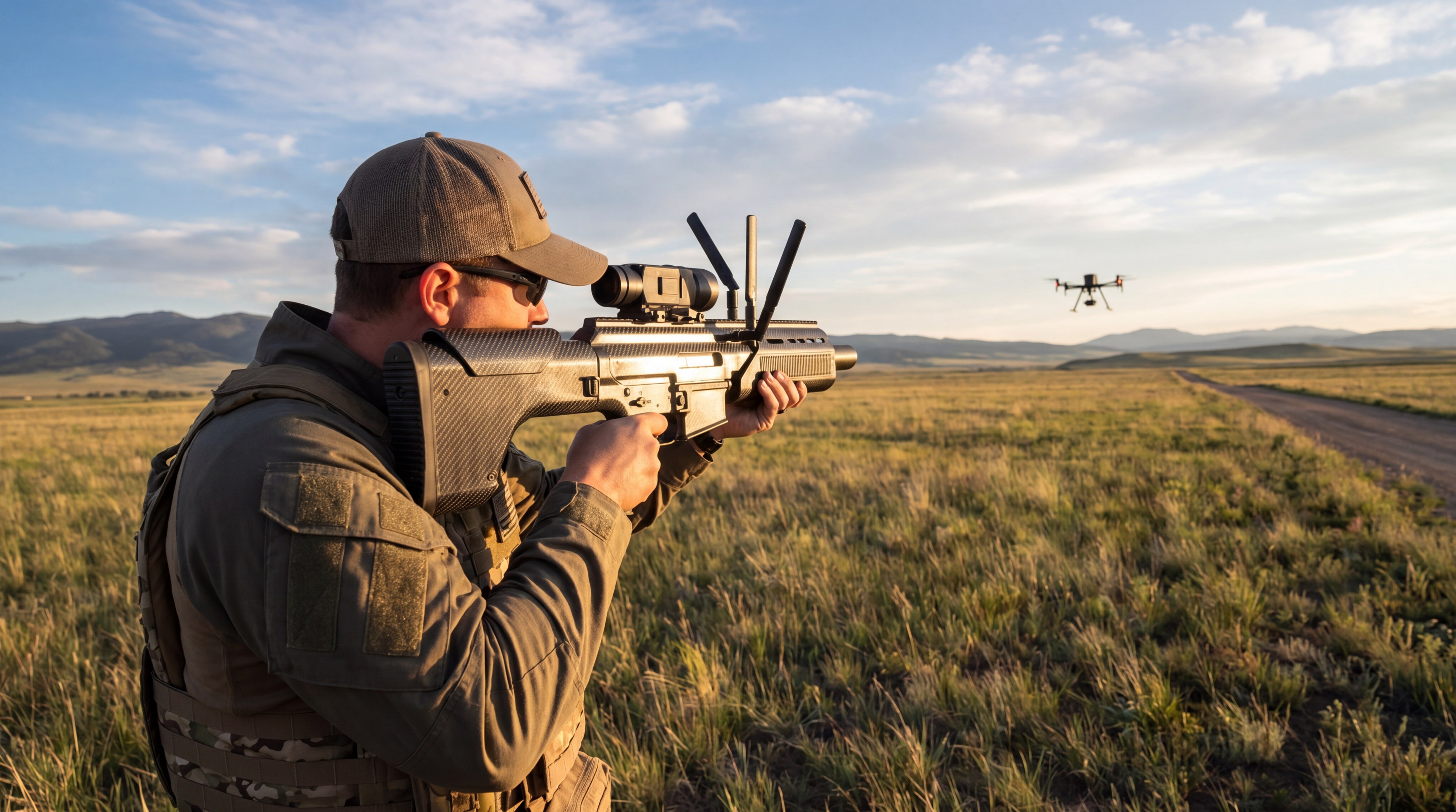 A tactical drone jammer device being operated in a field to neutralize a hovering drone.