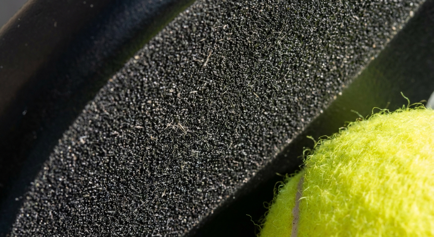 A macro shot of a padel paddle surface showing a rugged 3D sandpaper texture and a yellow ball.
