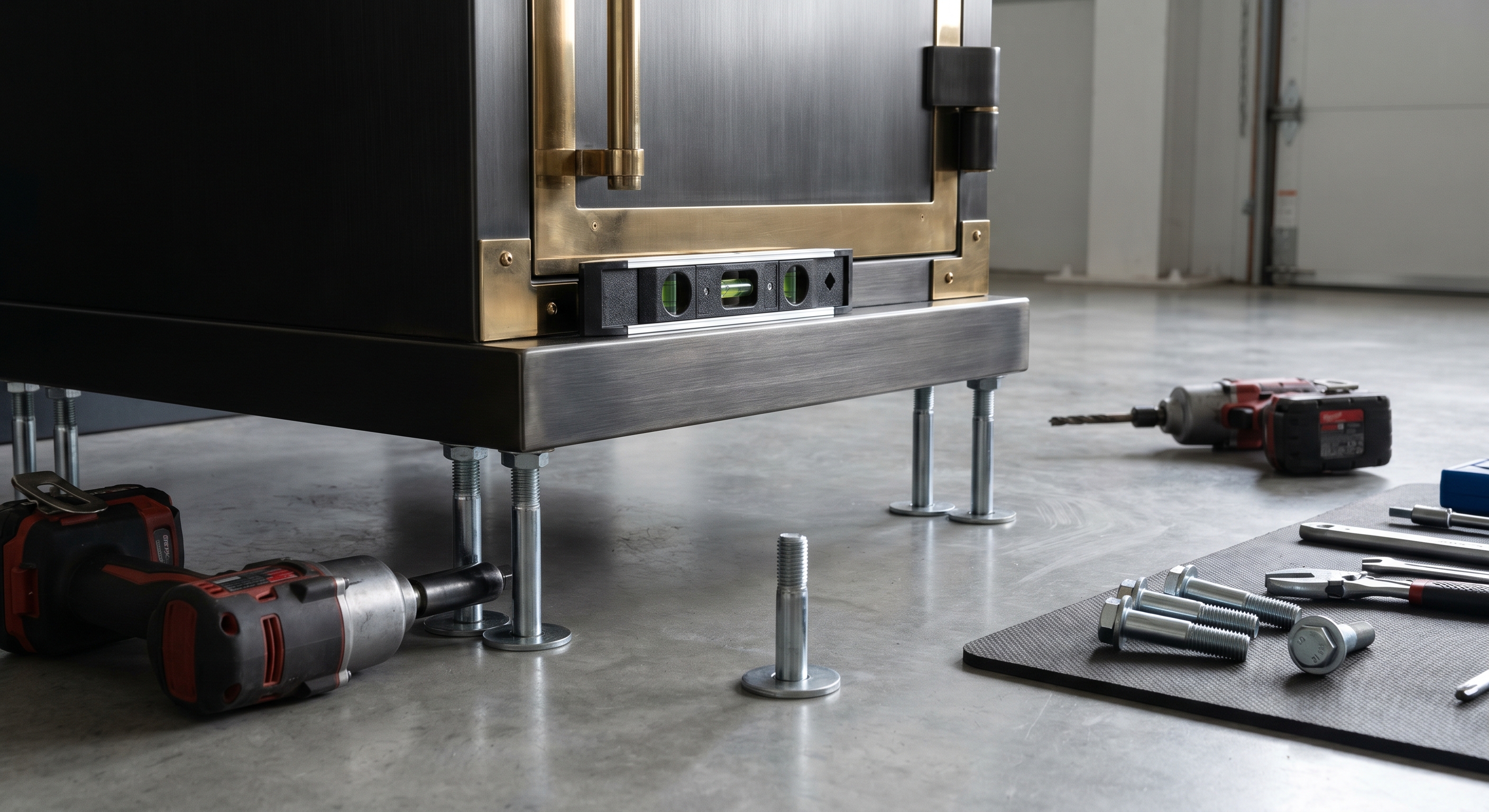 Luxury safe installation showing floor anchoring and leveling