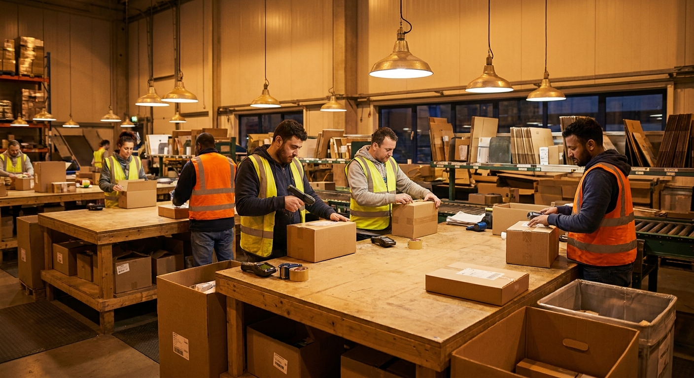 Warehouse fulfillment team scanning and packing e-commerce orders
