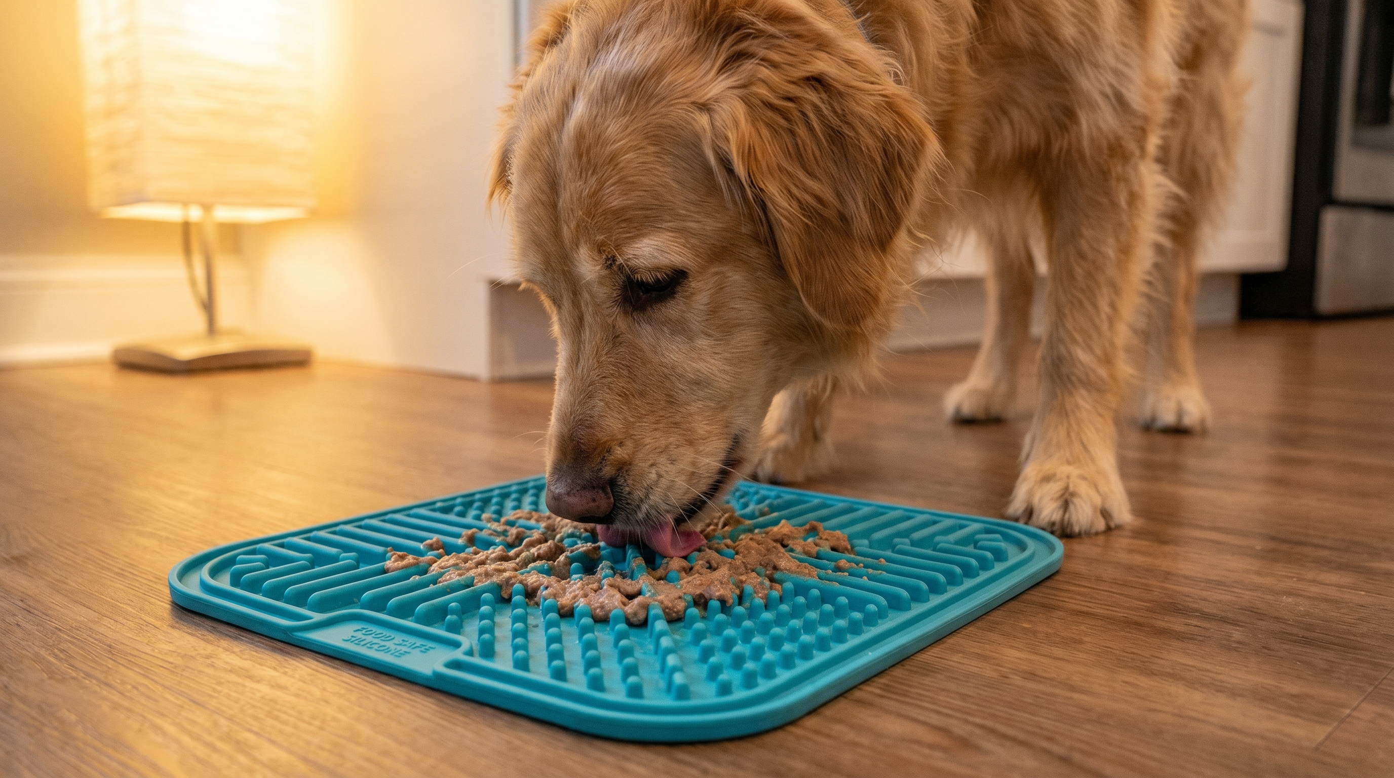Dog eating from a textured silicone slow feeder mat