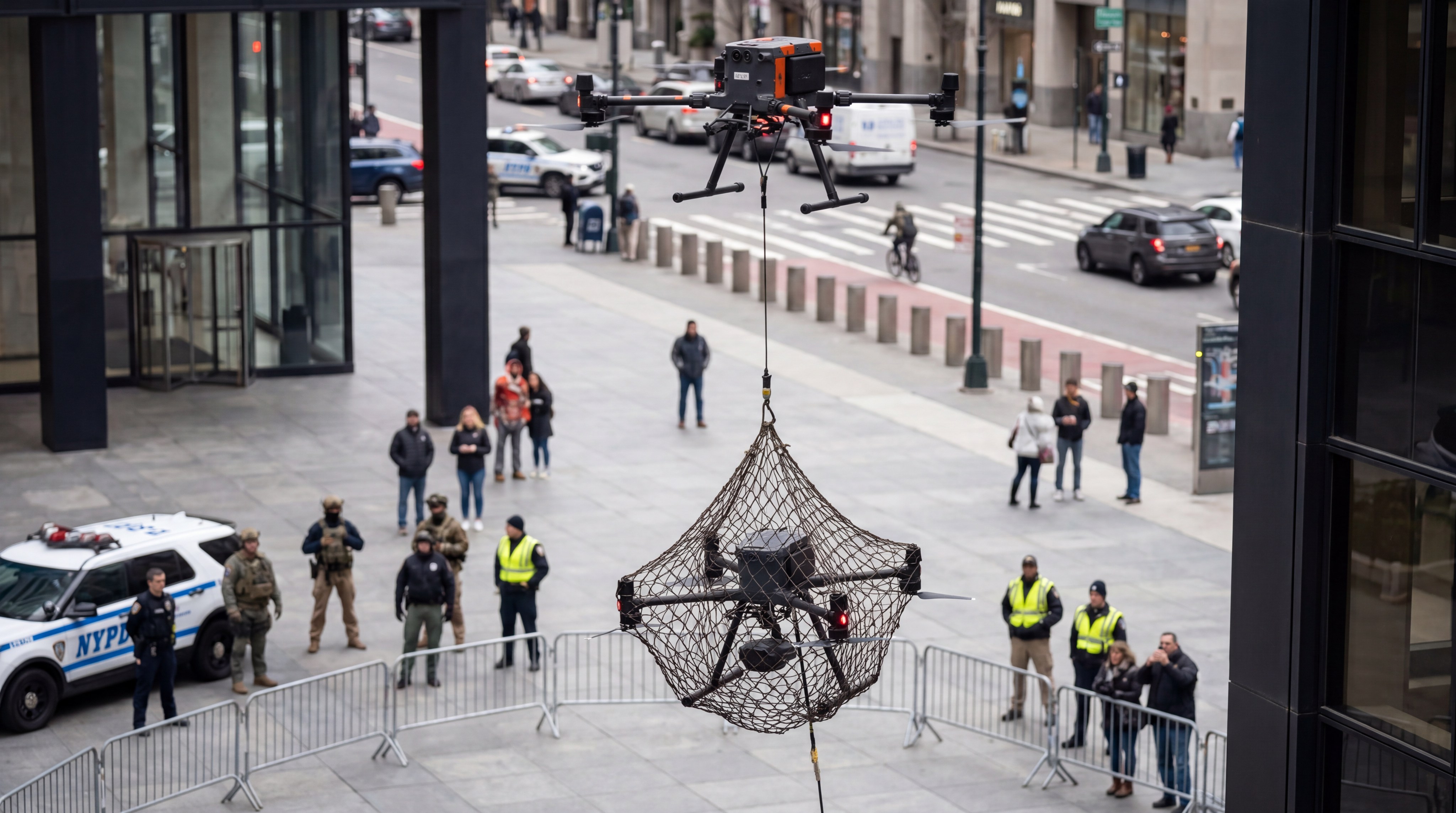 A security drone hovering over a city street while carrying a captured unauthorized drone in a retrieval net