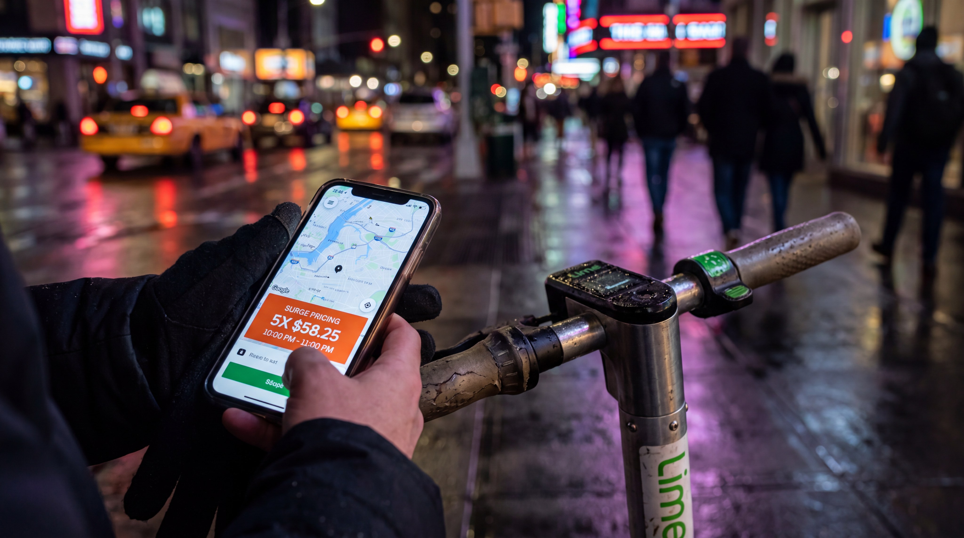 Rideshare surge pricing on phone next to a scooter
