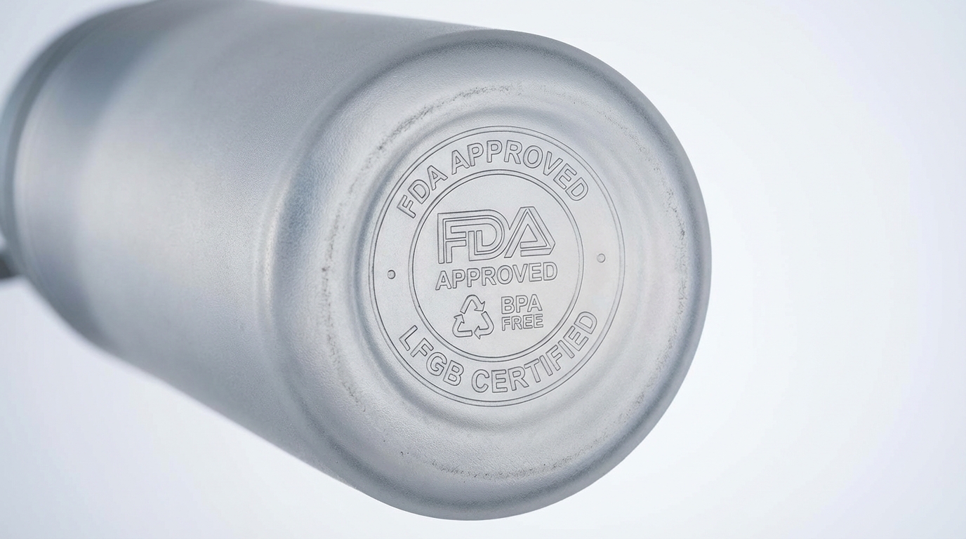 Photorealistic 16:9 macro shot of a certification seal (FDA/LFGB style) embossed or printed on the bottom of a translucent silicone bottle, sharp focus, professional product photography.