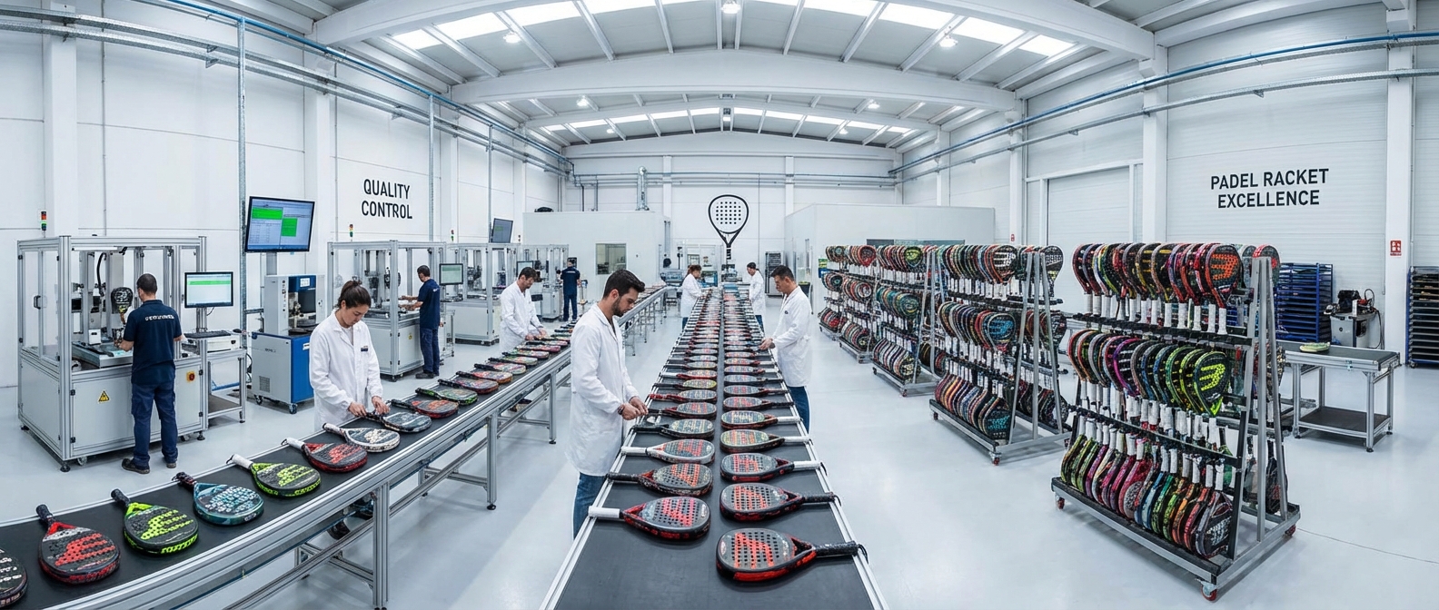 A high-tech quality control lab where padel paddles are being subjected to mechanical stress and impact tests.
