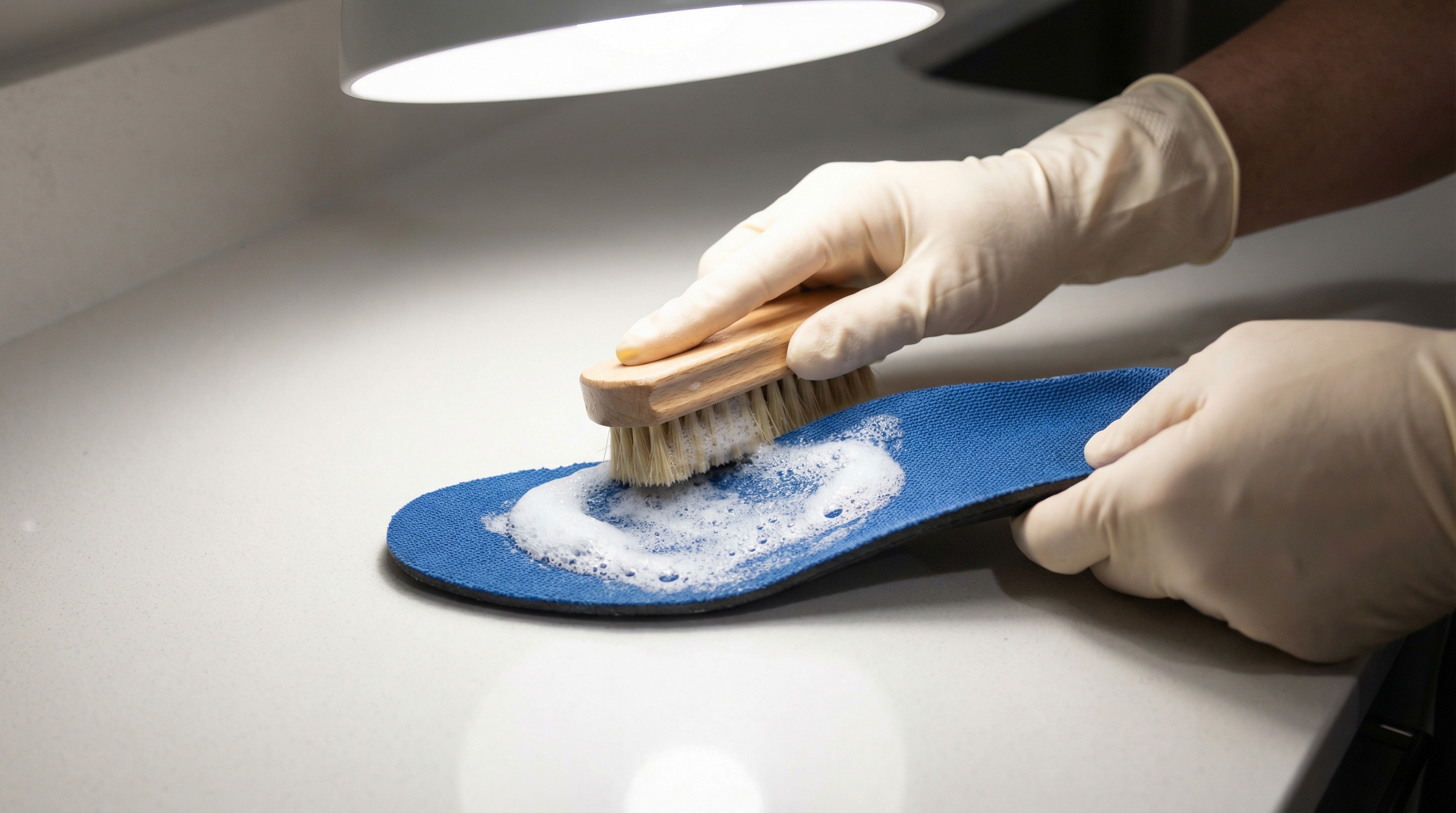 Hands in white gloves using a wooden scrub brush to apply soapy foam to a blue athletic shoe insole on a clean countertop.